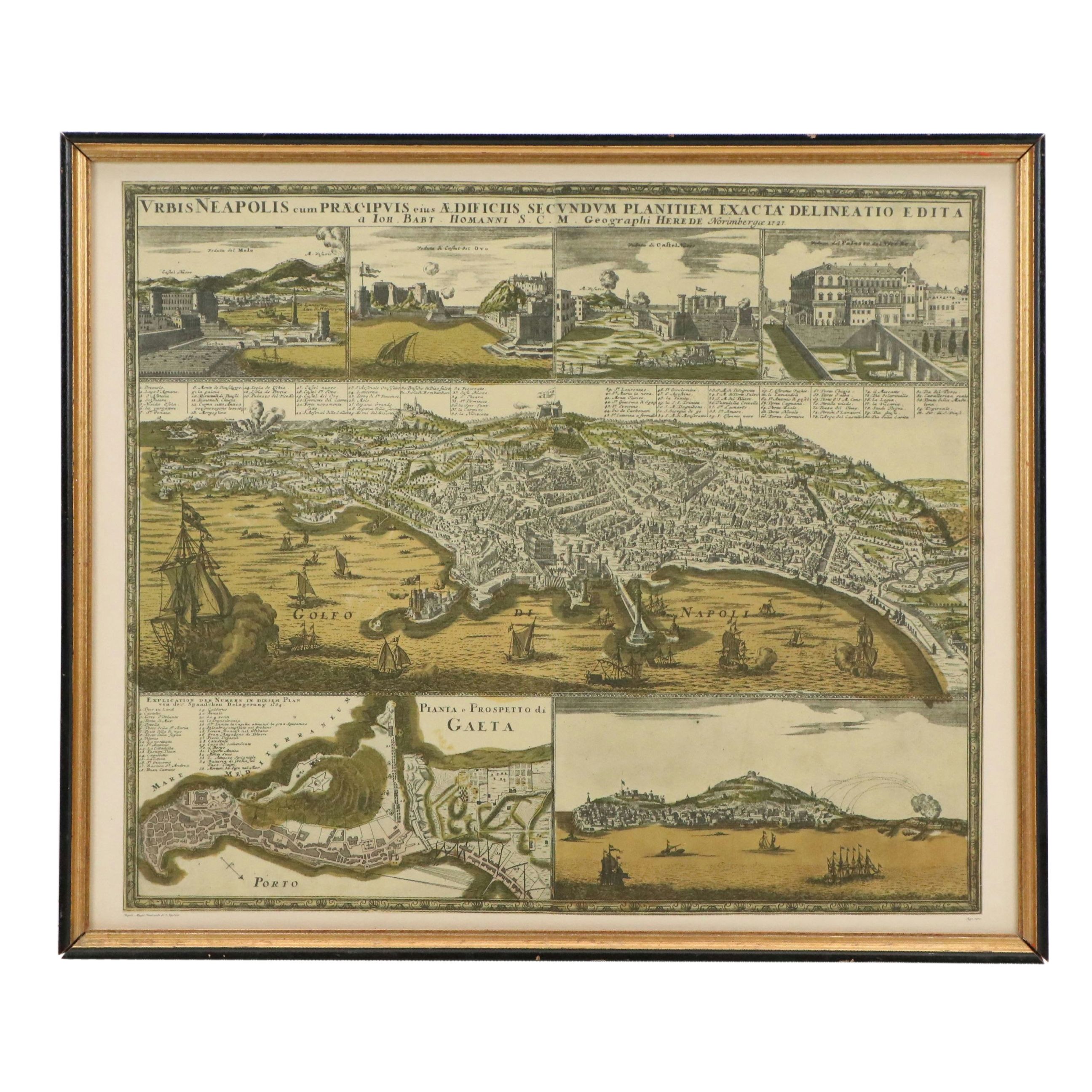 Offset Lithograph Map After Johann B. Homann of Naples and Main Buildings