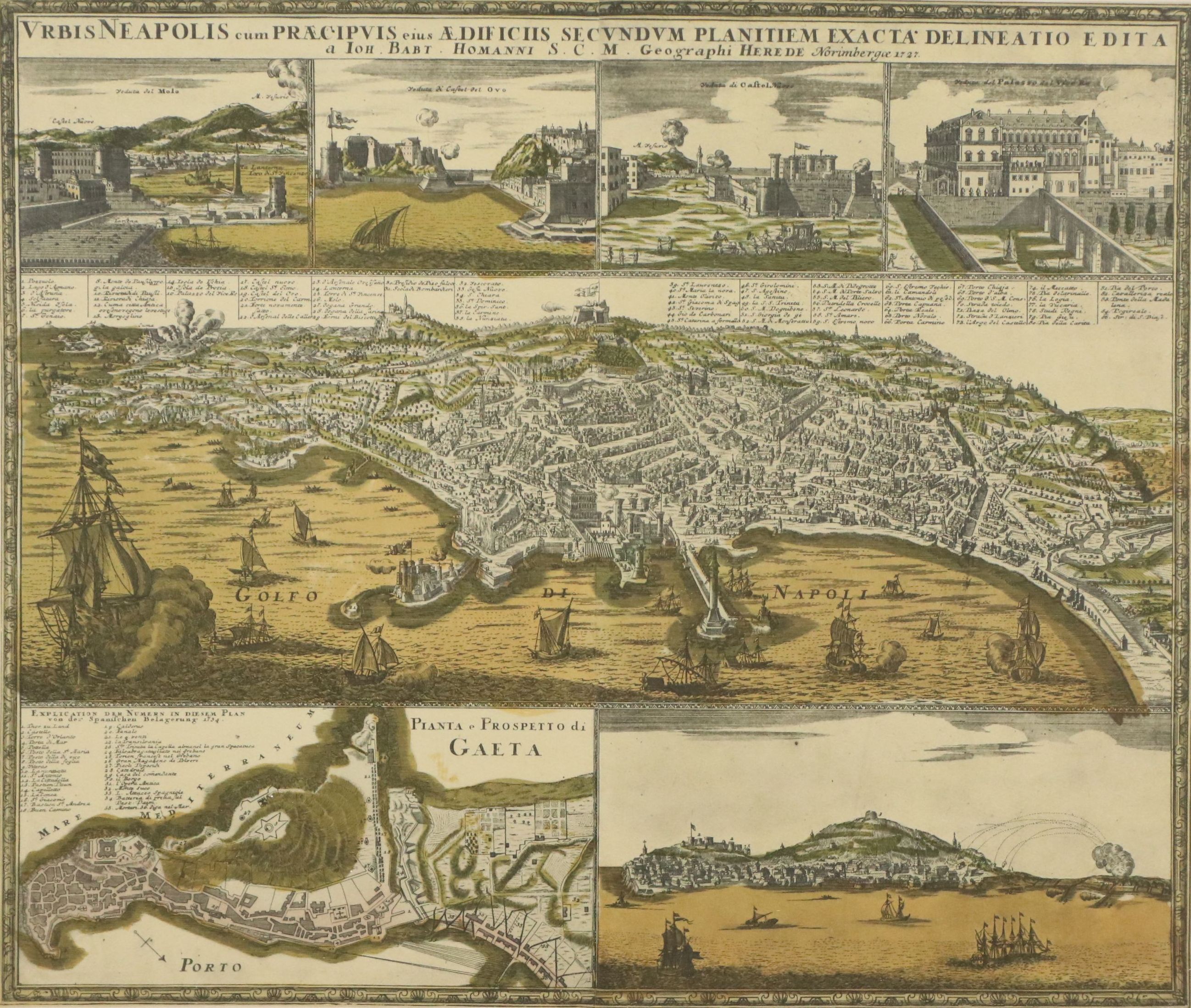 Offset Lithograph Map After Johann B. Homann of Naples and Main Buildings
