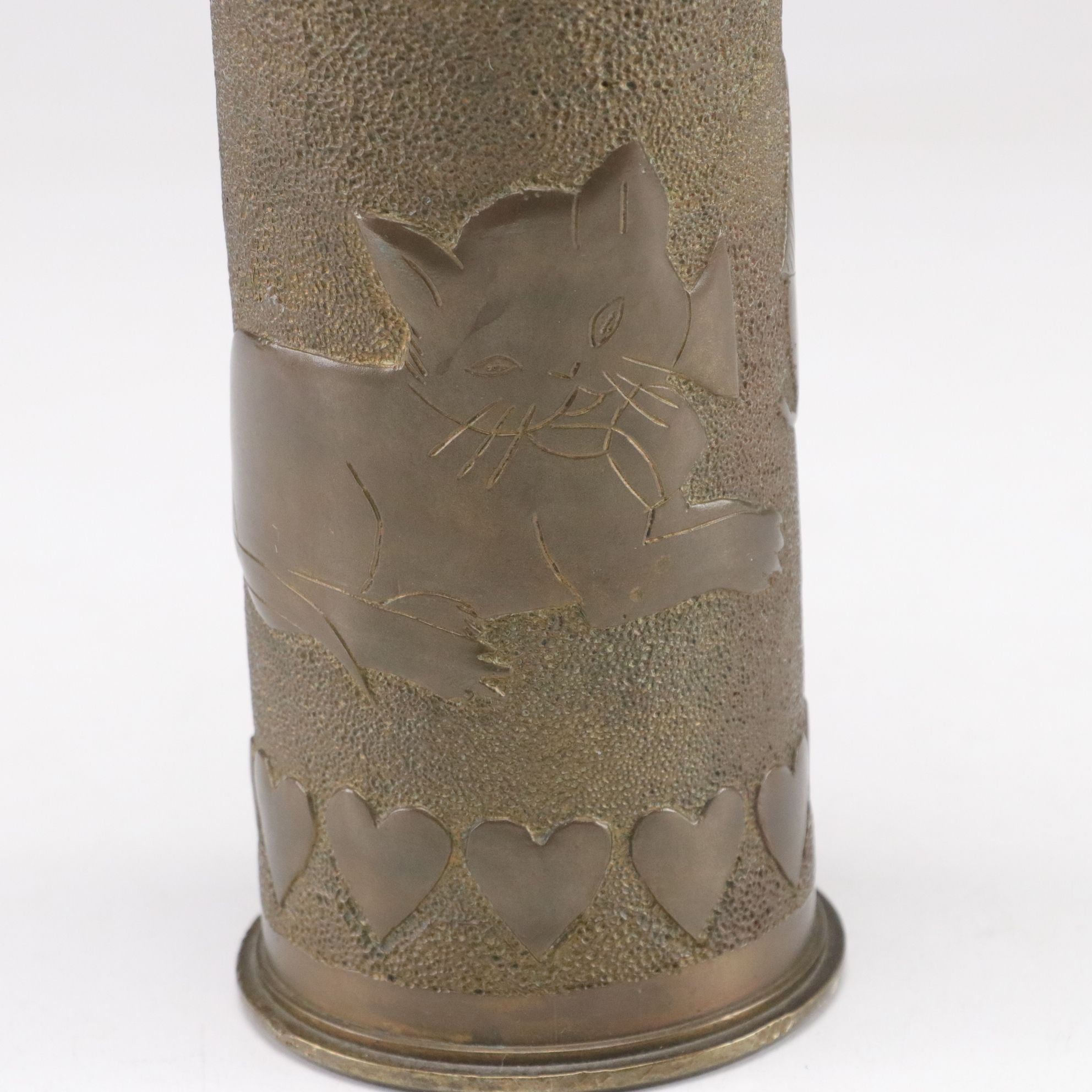 WWI and WWII Trench Art with Embossed Cat and Pig Motif