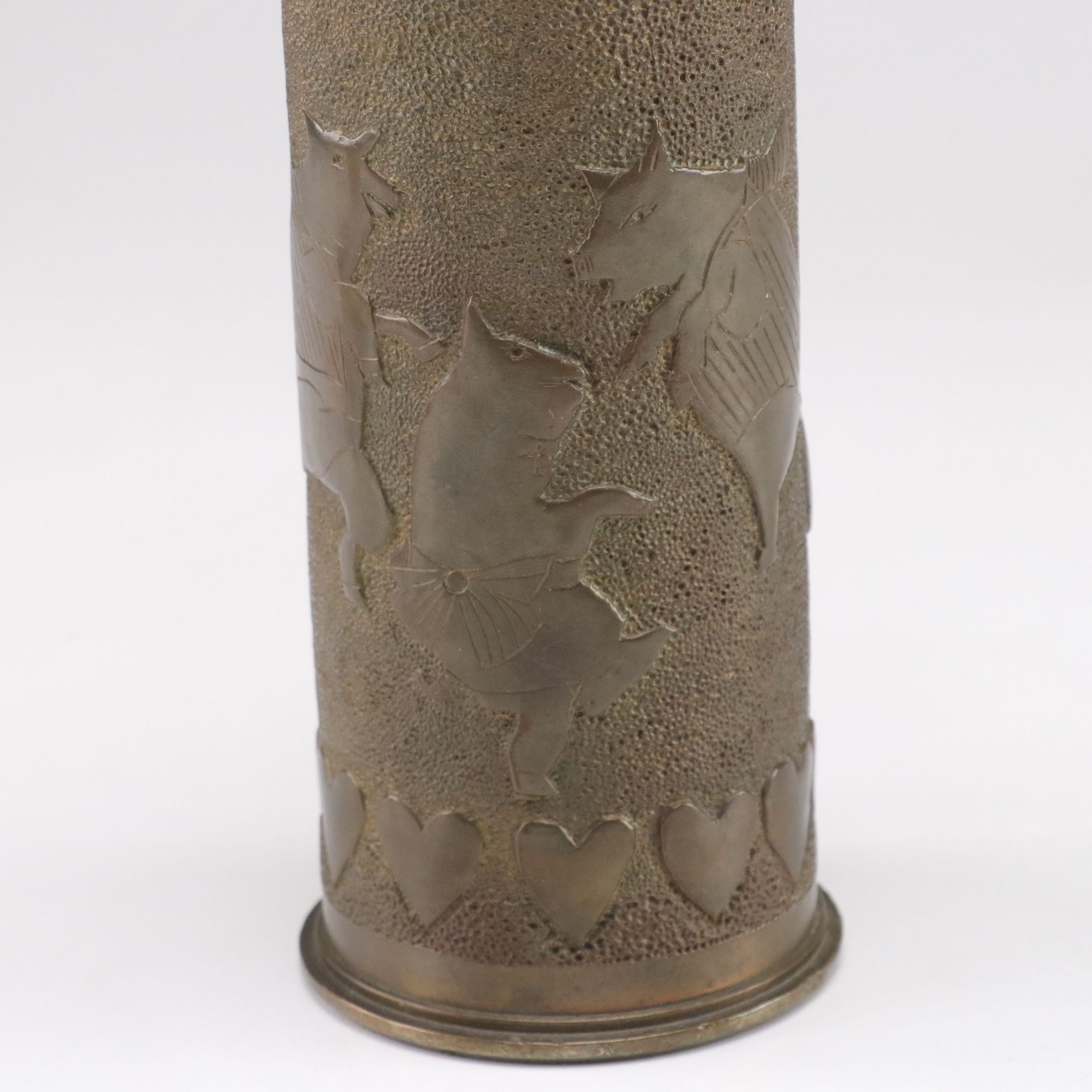 WWI and WWII Trench Art with Embossed Cat and Pig Motif