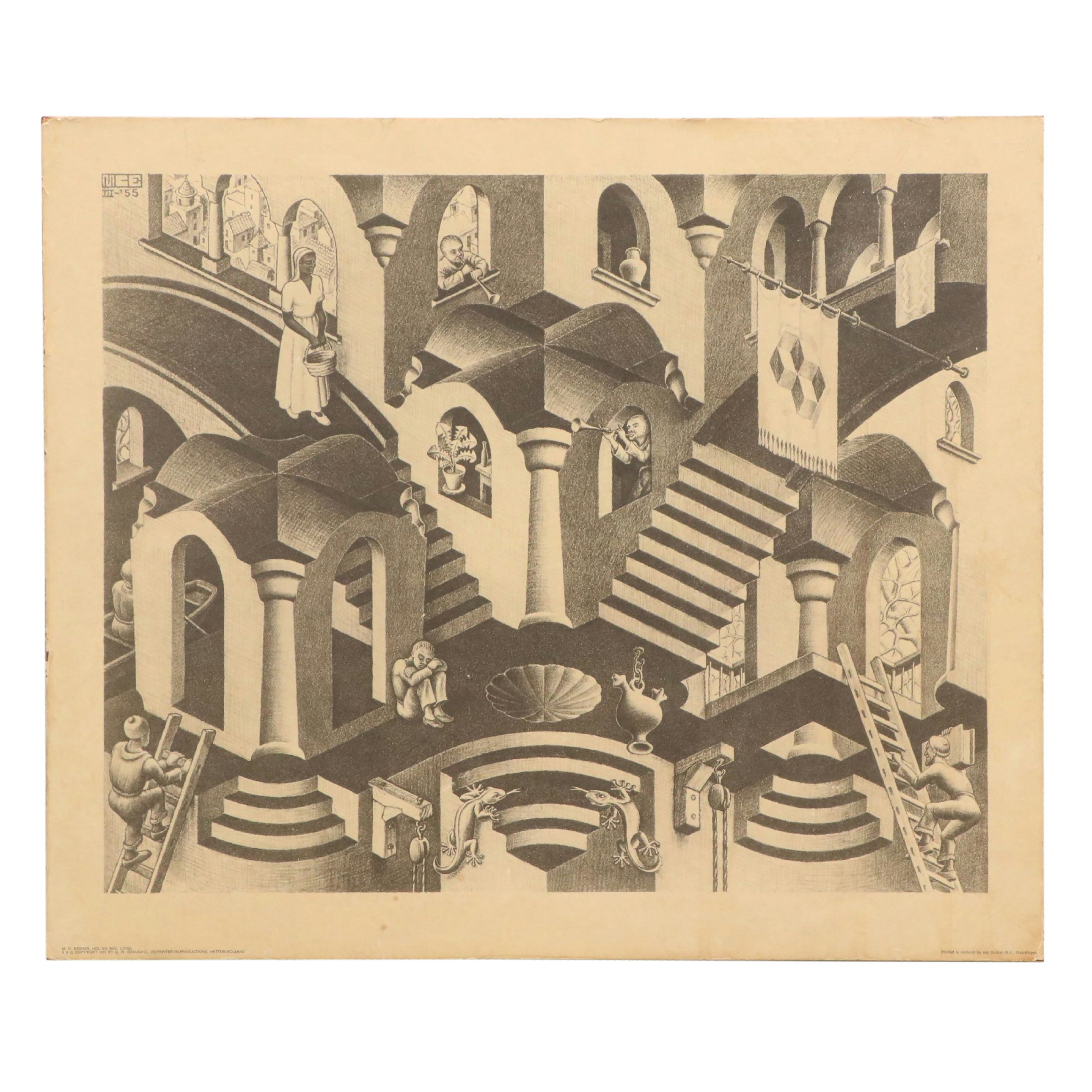After M. C. Escher Offset Lithograph "Hol en Bol," 1970