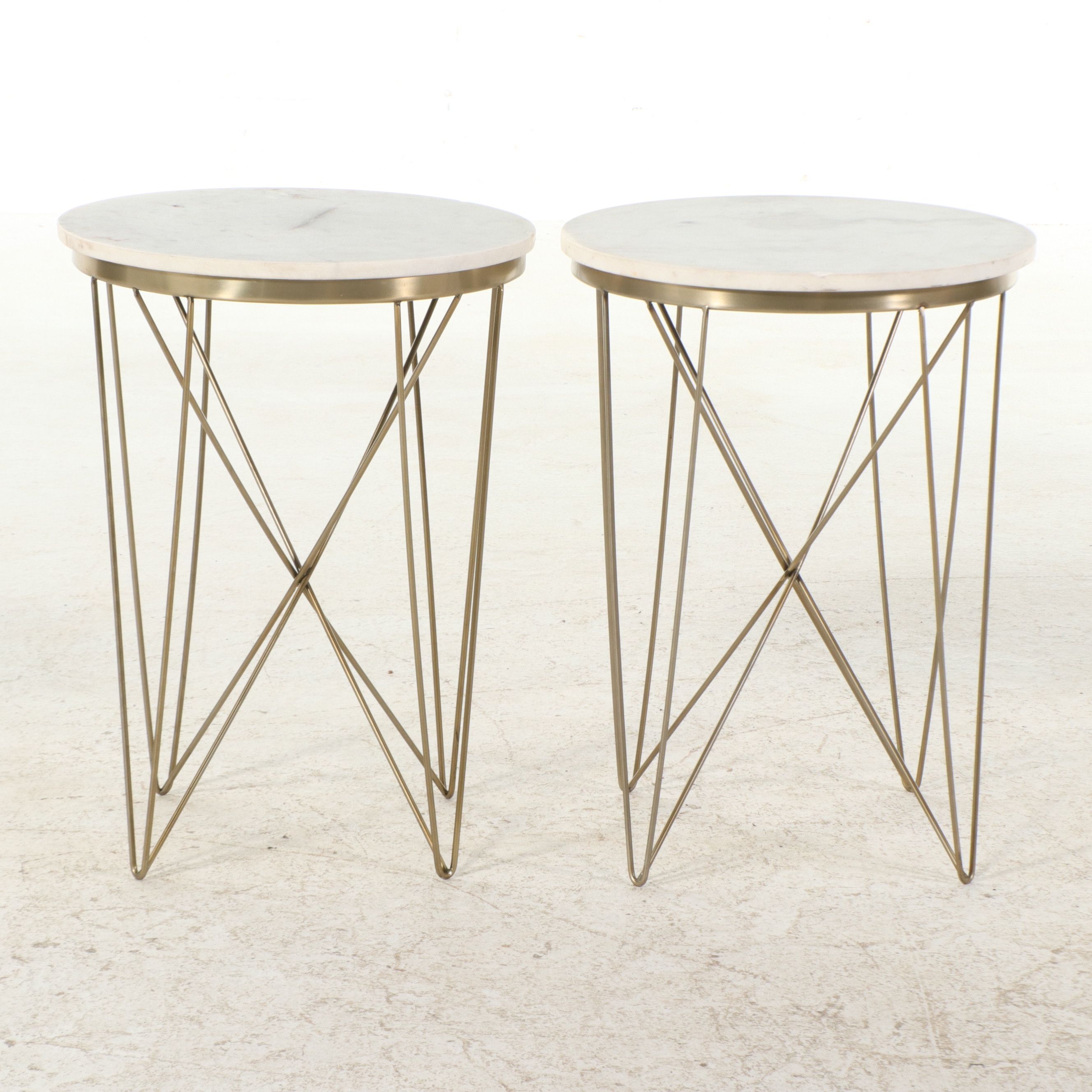 Pair of Contemporary Marble Top Geometric Wire Side Tables