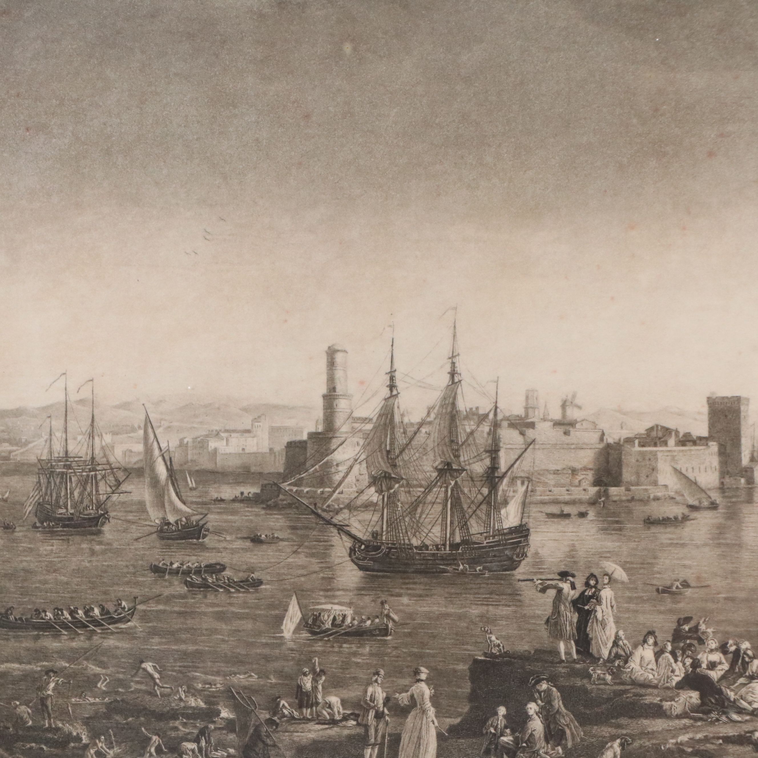Abel Mignon Engraving "The Entrance to the Port of Marseille," 19th-20th Century