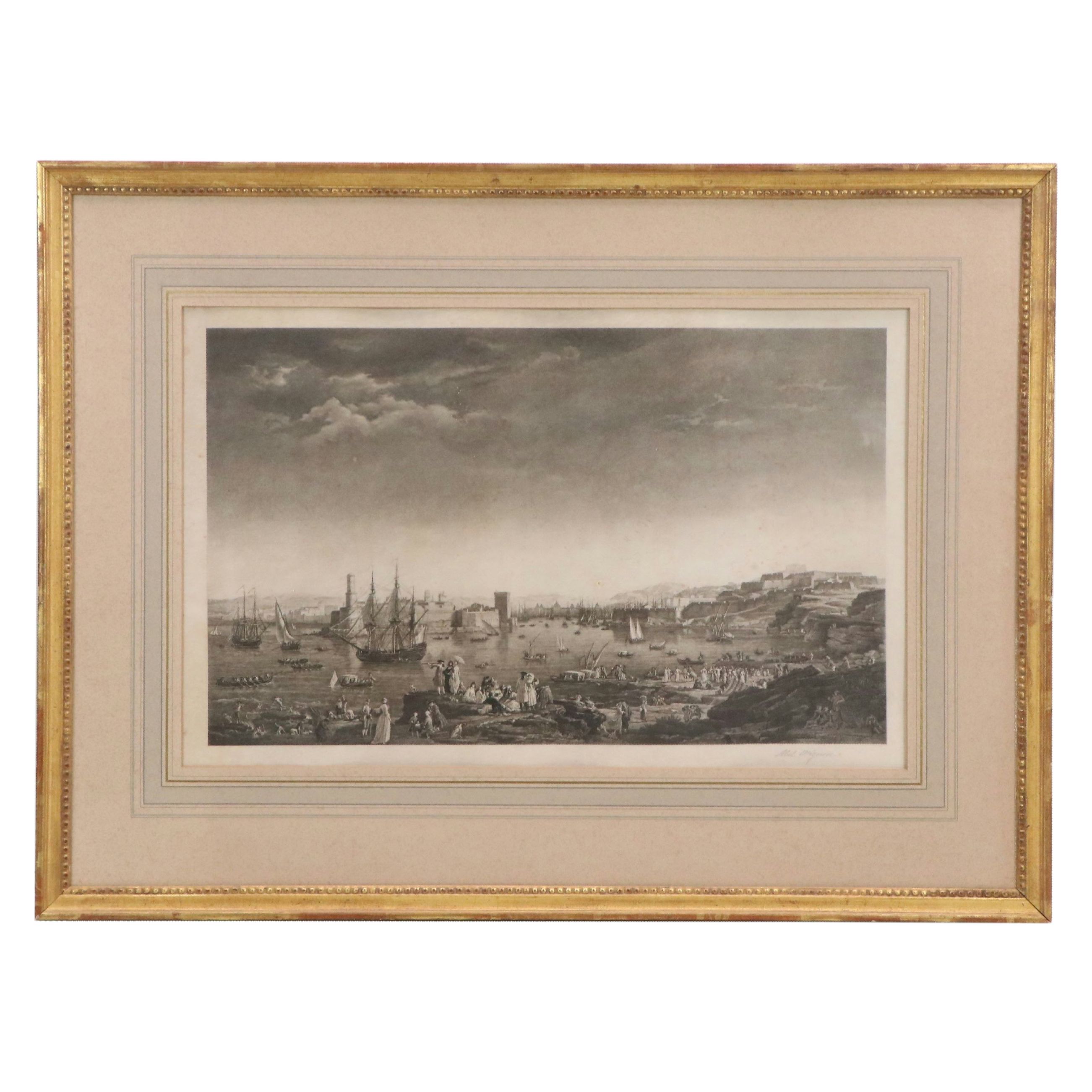 Abel Mignon Engraving "The Entrance to the Port of Marseille," 19th-20th Century