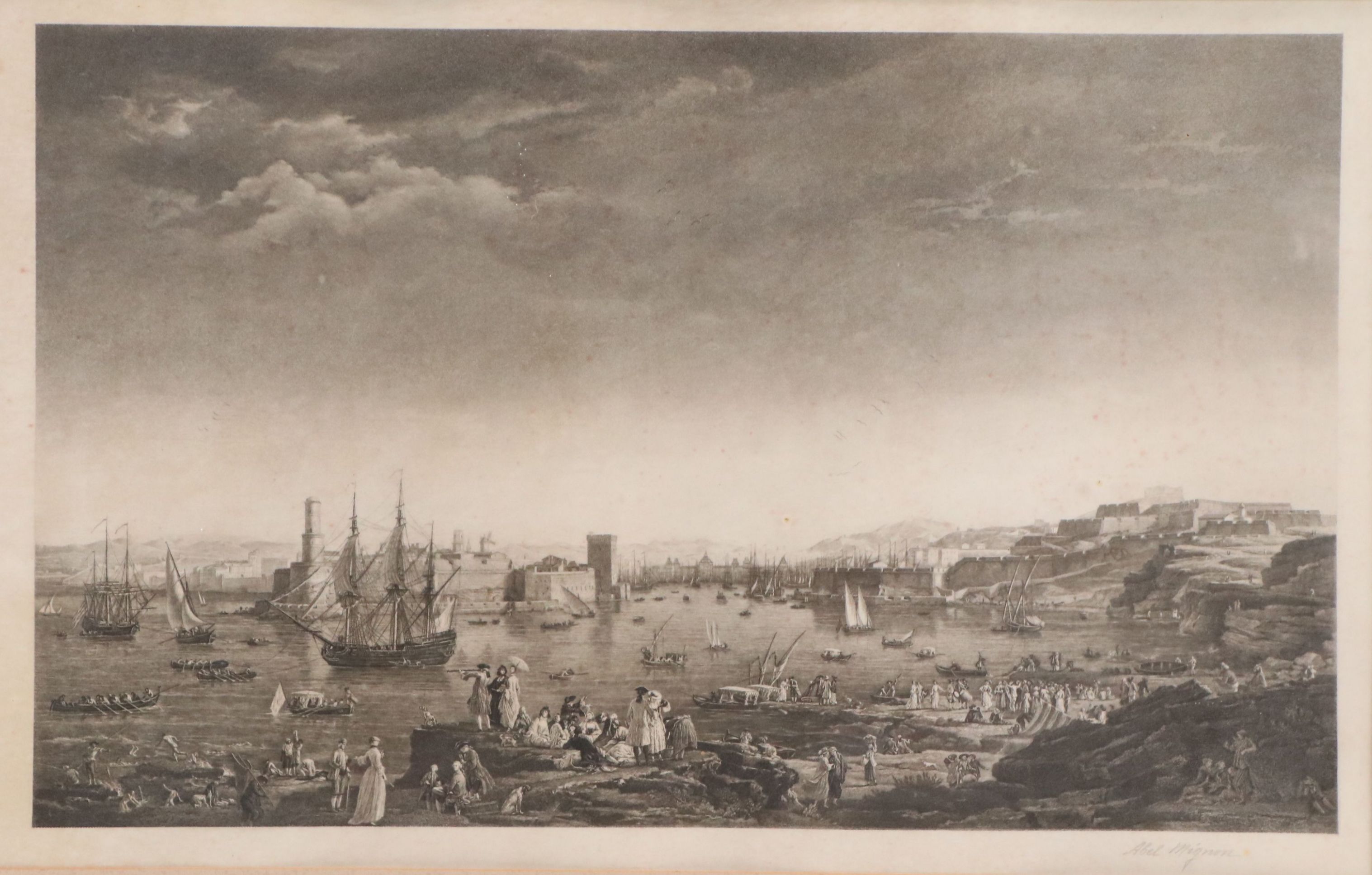 Abel Mignon Engraving "The Entrance to the Port of Marseille," 19th-20th Century