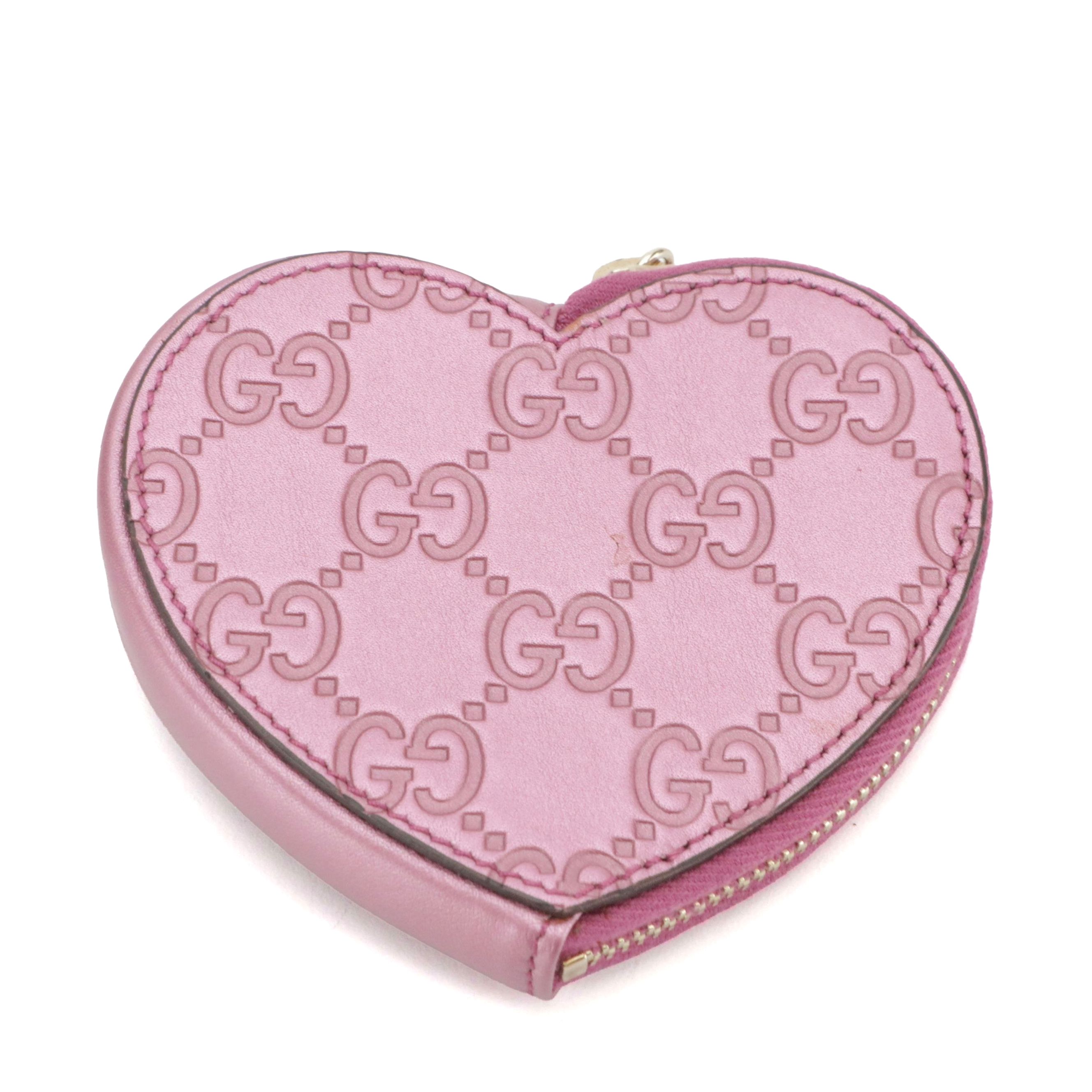 Gucci Heart Coin Pouch in Metallic Pink Guccissima Leather, With Box