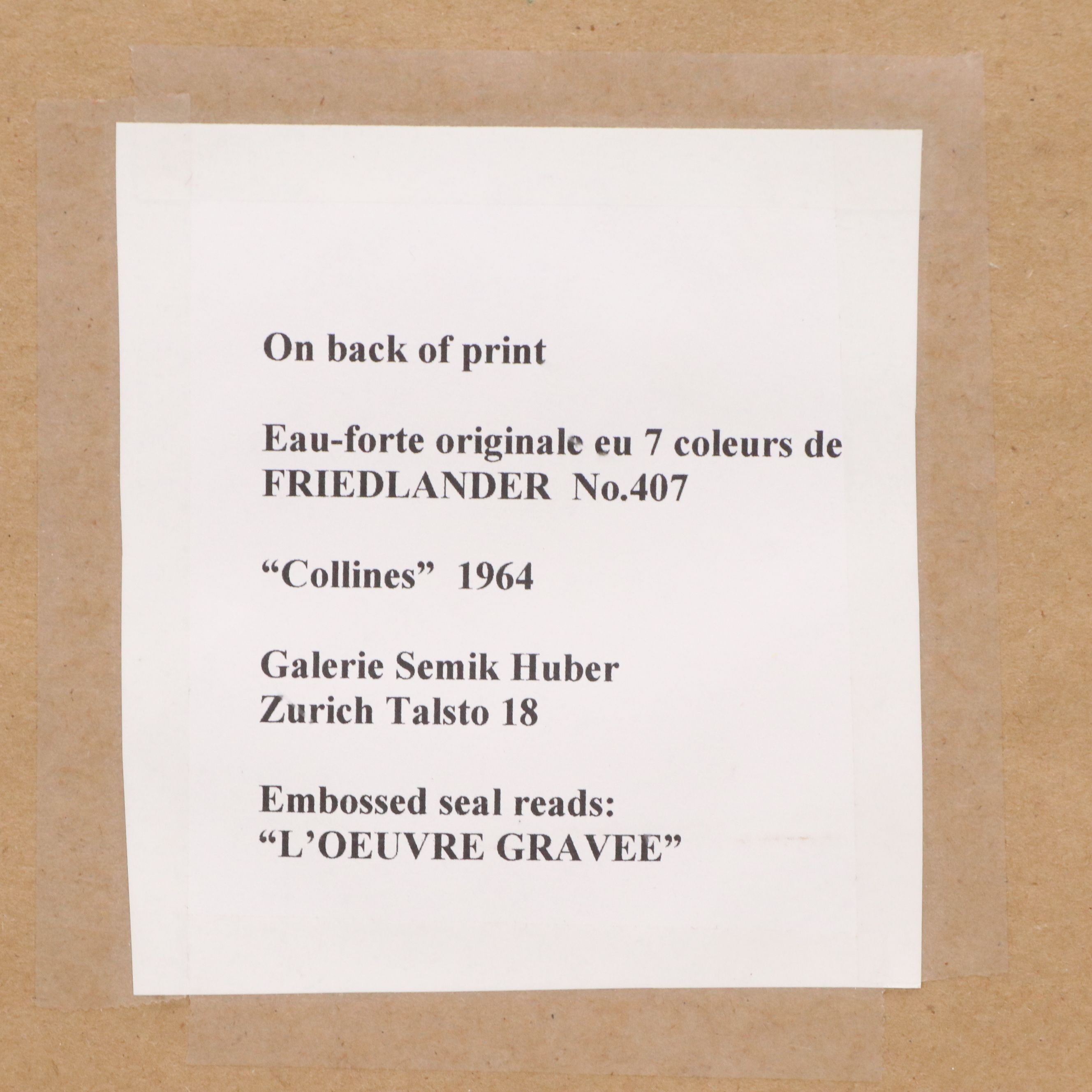 Johnny Friedlænder Etching with Aquatint "Collines," 1964