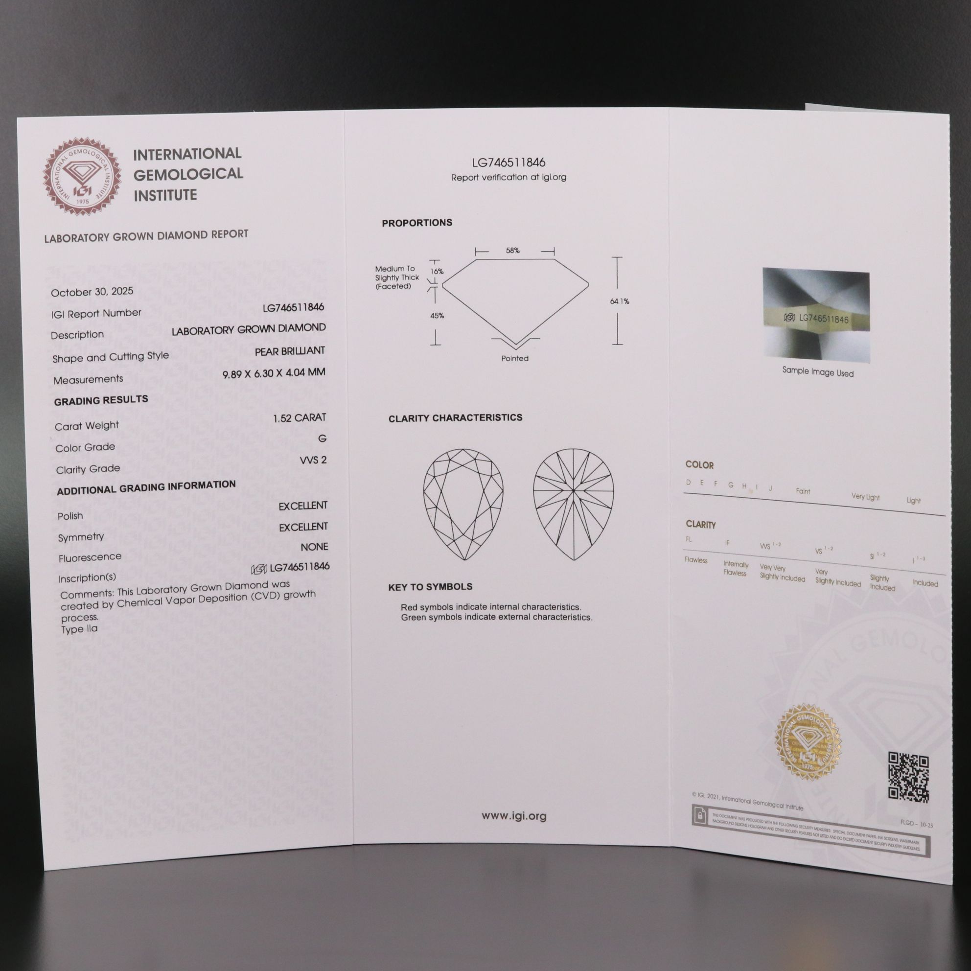 Loose 1.52 CT Lab Grown Diamond with IGI Report