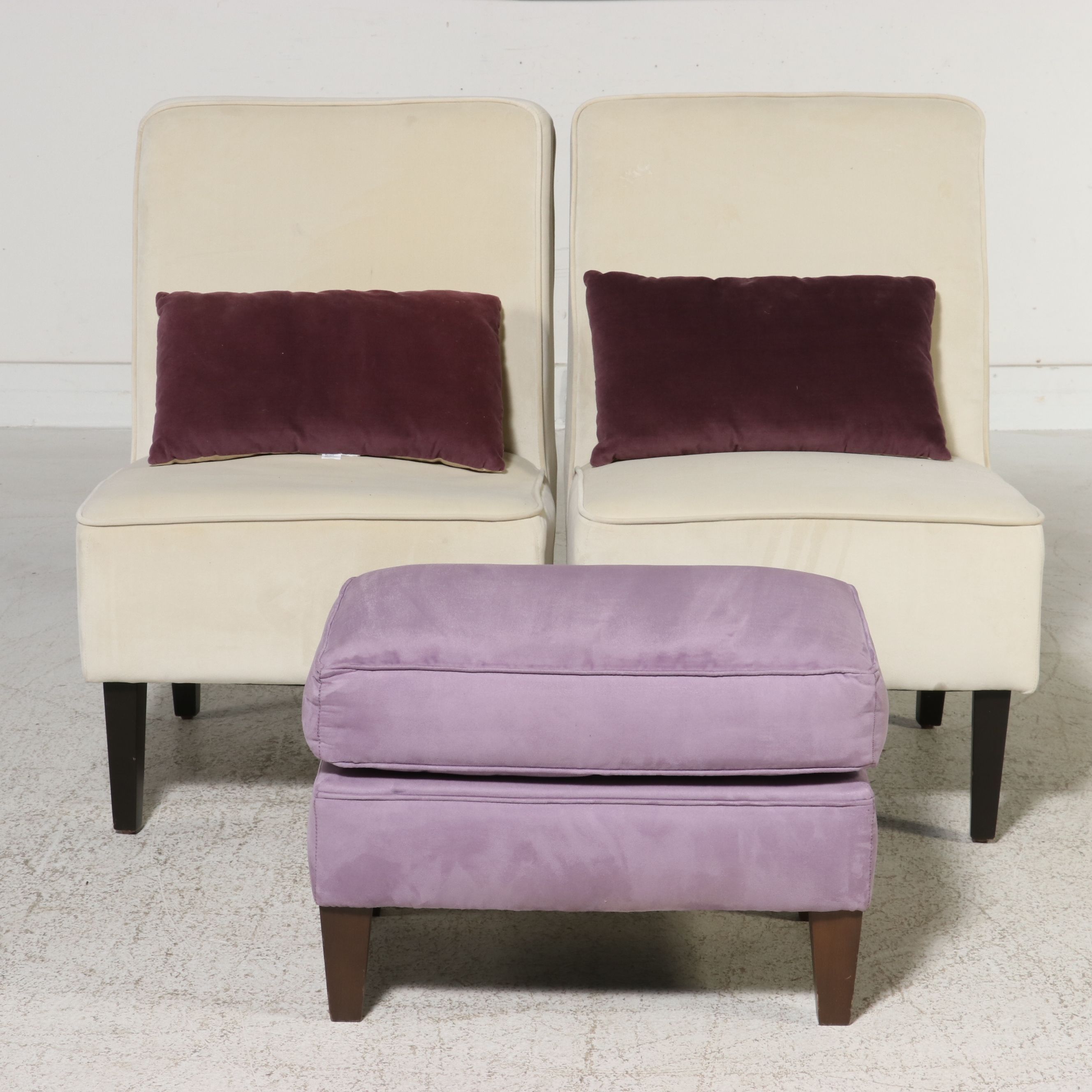 Pair of Contemporary Velvet Slipper Chairs with Ottoman