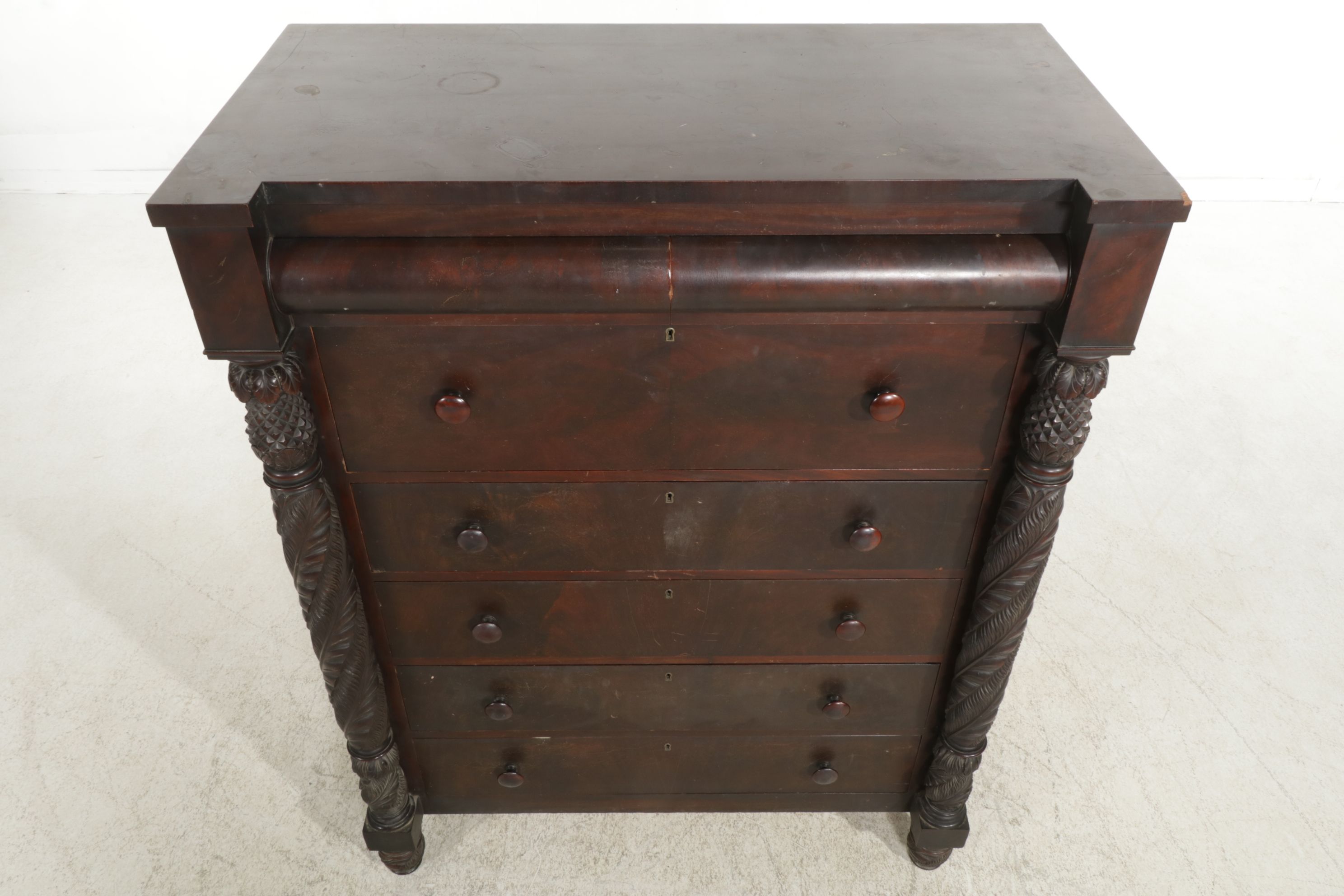 Empire Style Mahogany Chest of Drawers with Pineapple Columns, Late 19th Century