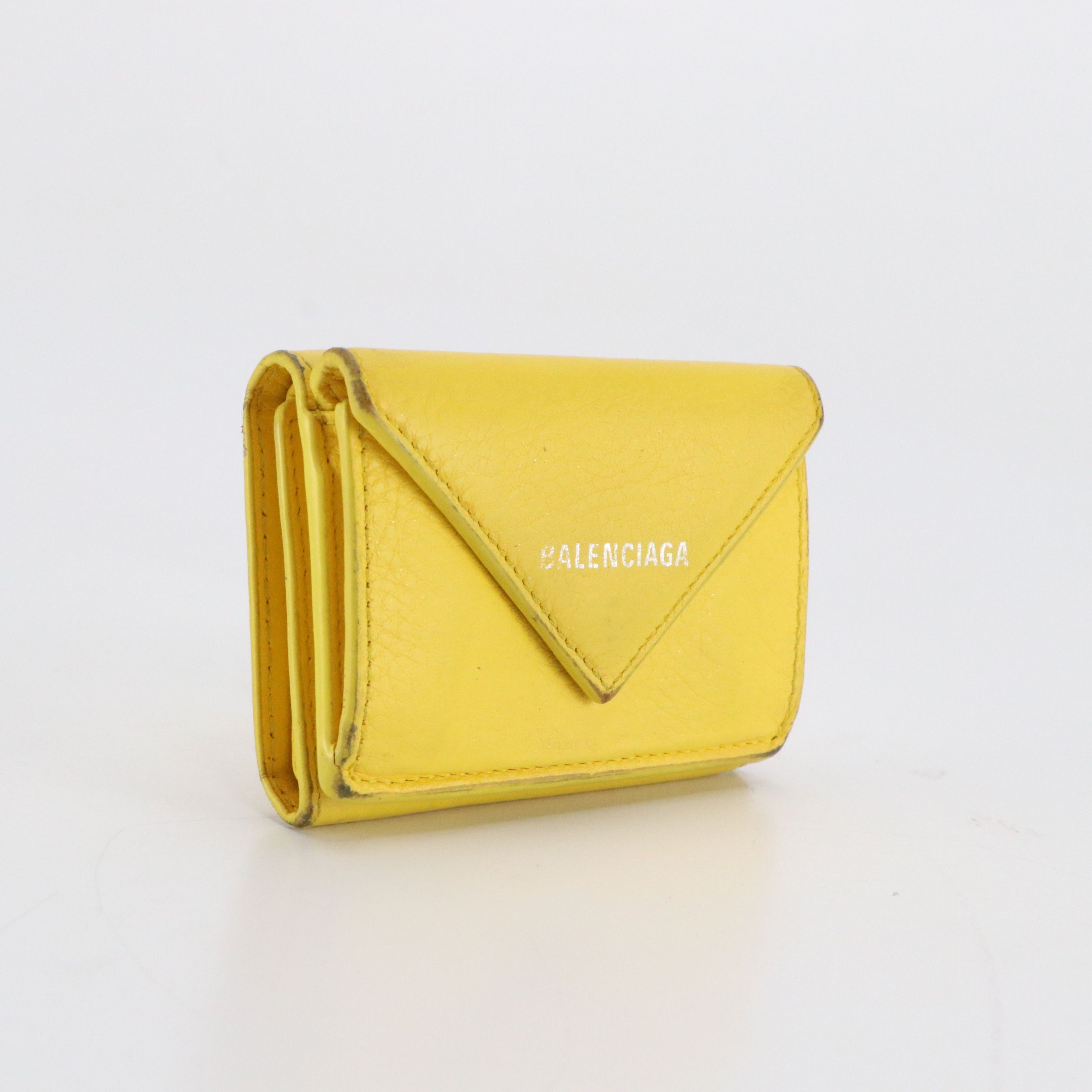 Balenciaga Papier Mini Trifold Wallet in Yellow Calfskin Leather