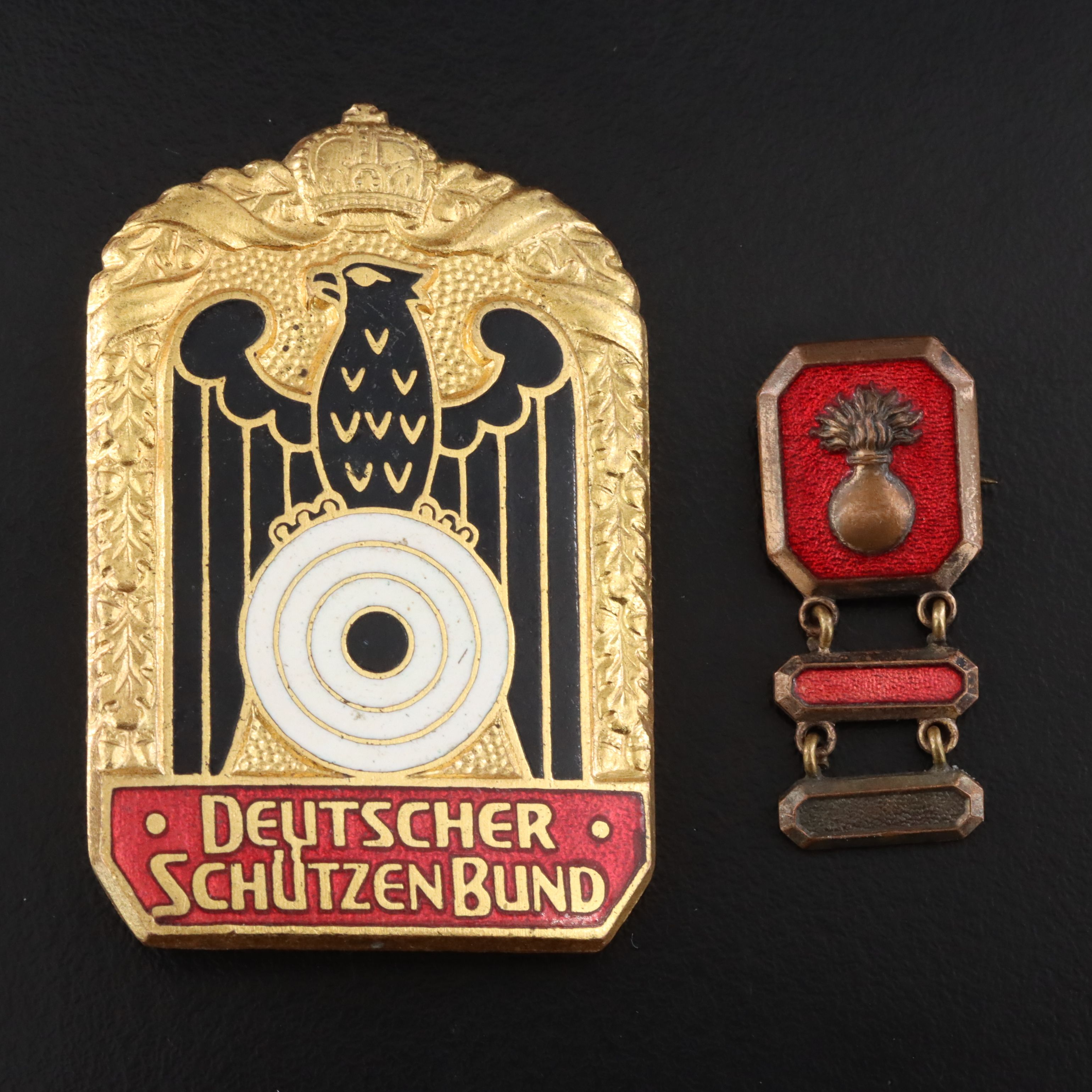 1950s German Shooting Federation Emblem and Vintage Grenadier Enamel Pins