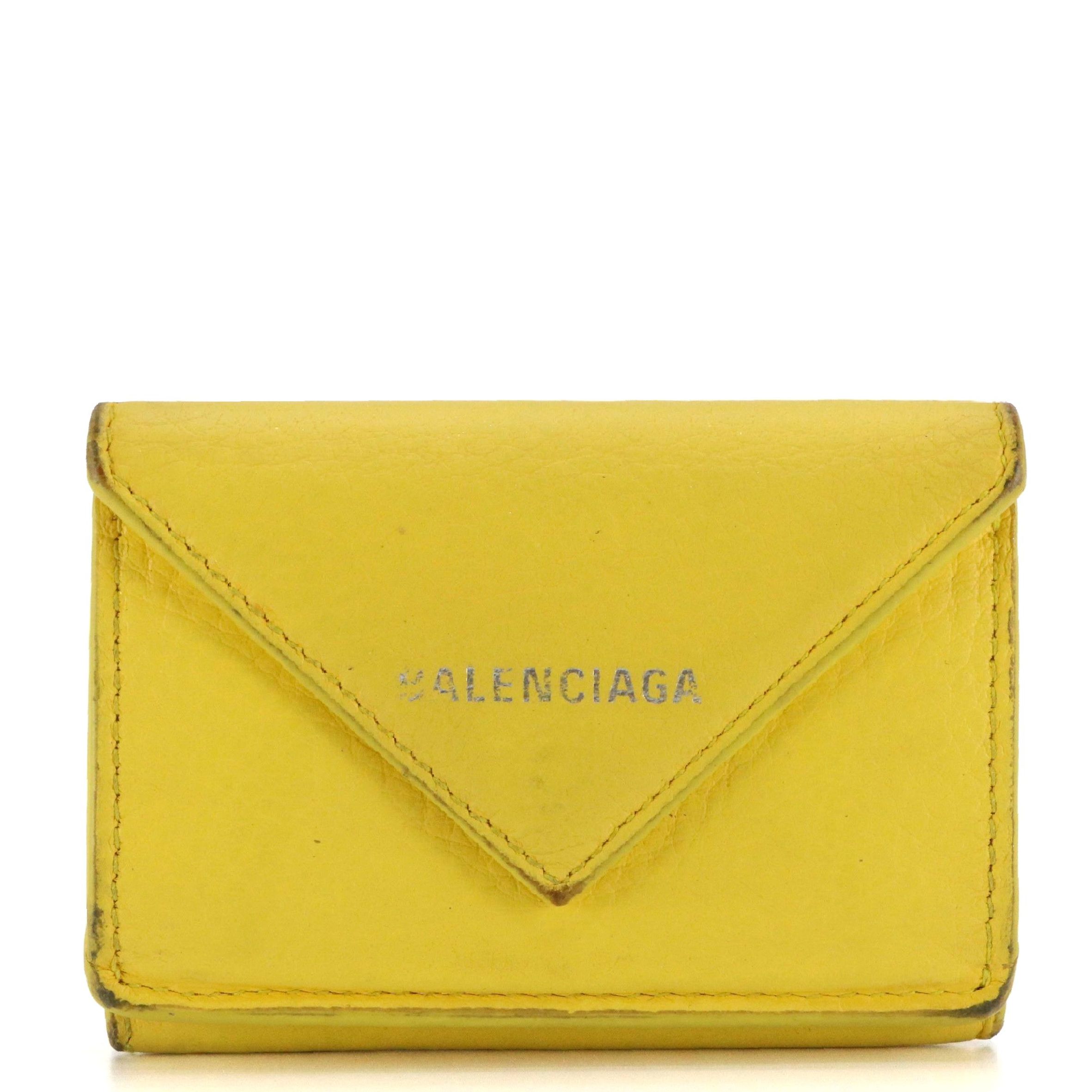 Balenciaga Papier Mini Trifold Wallet in Yellow Calfskin Leather