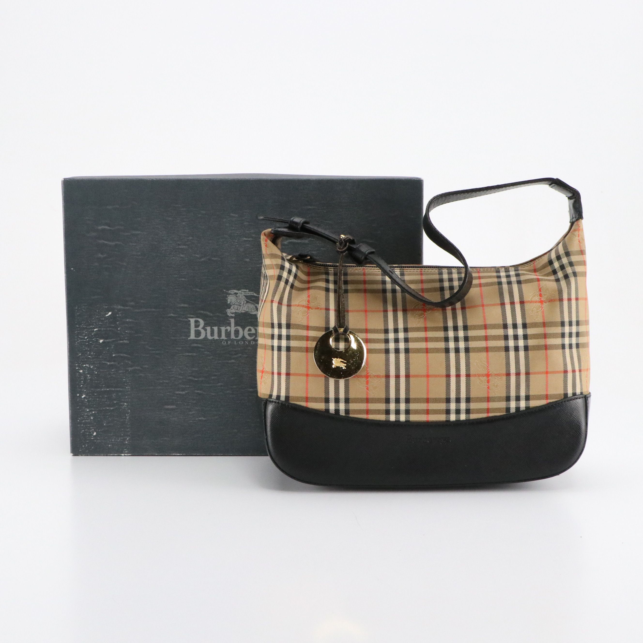 Burberrys Haymarket Check and Black Saffiano Leather Shoulder Bag with Box