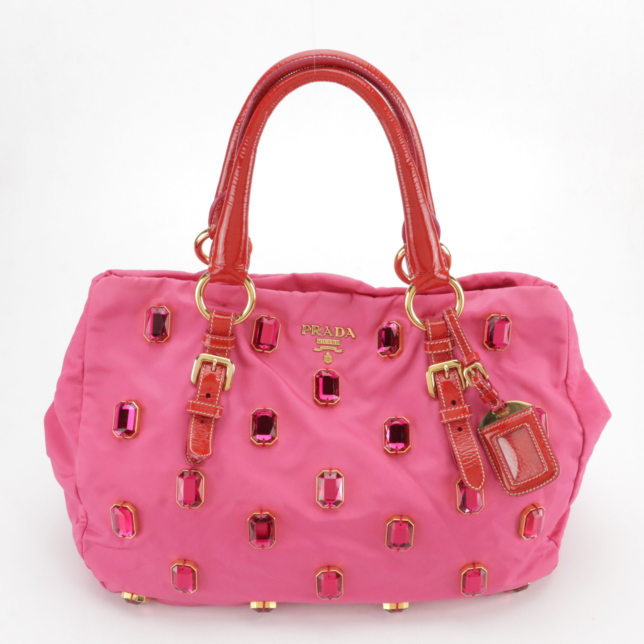 Prada Pietre Bag in Embellished Pink Tessuto Nylon and Red Patent Leather Trim