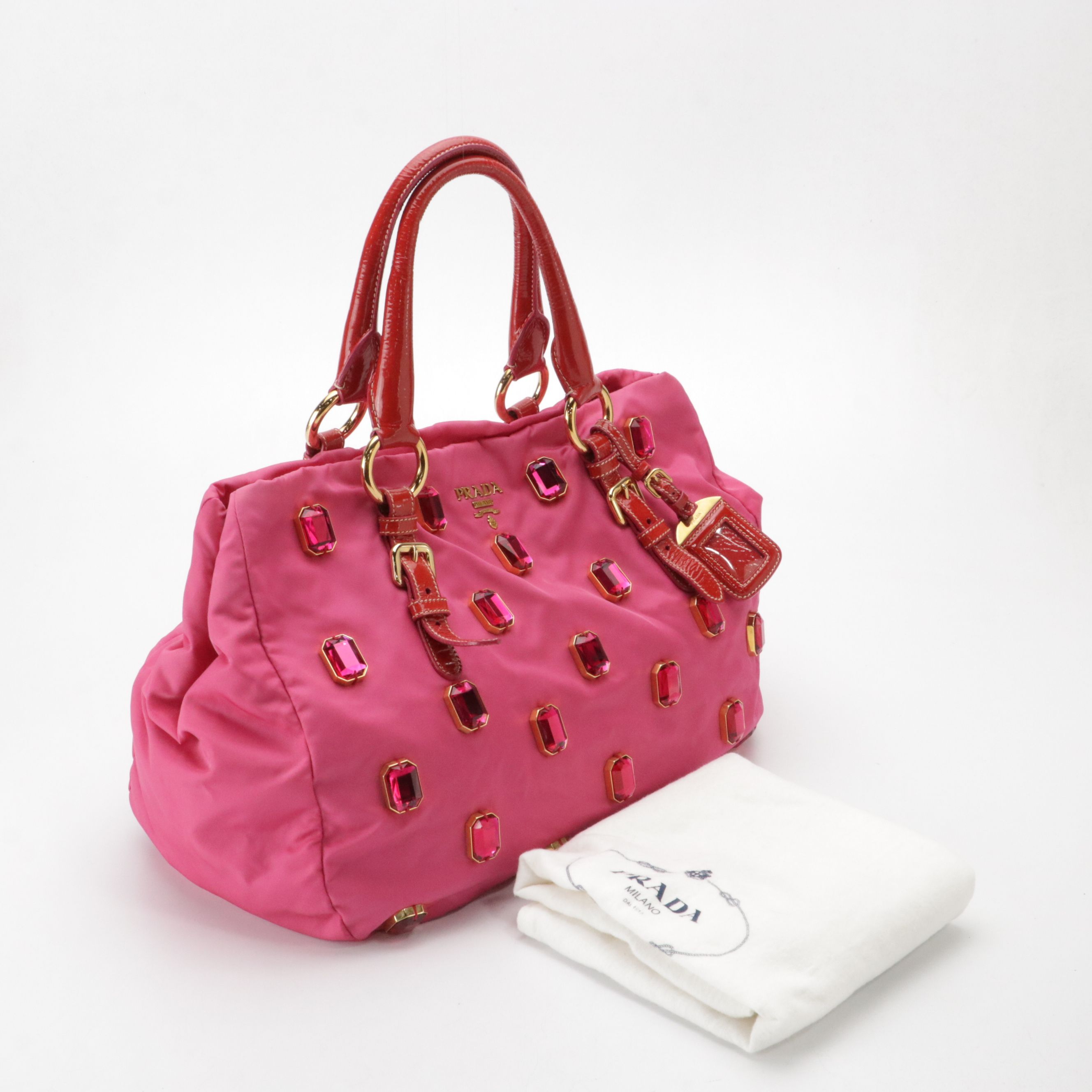 Prada Pietre Bag in Embellished Pink Tessuto Nylon and Red Patent Leather Trim