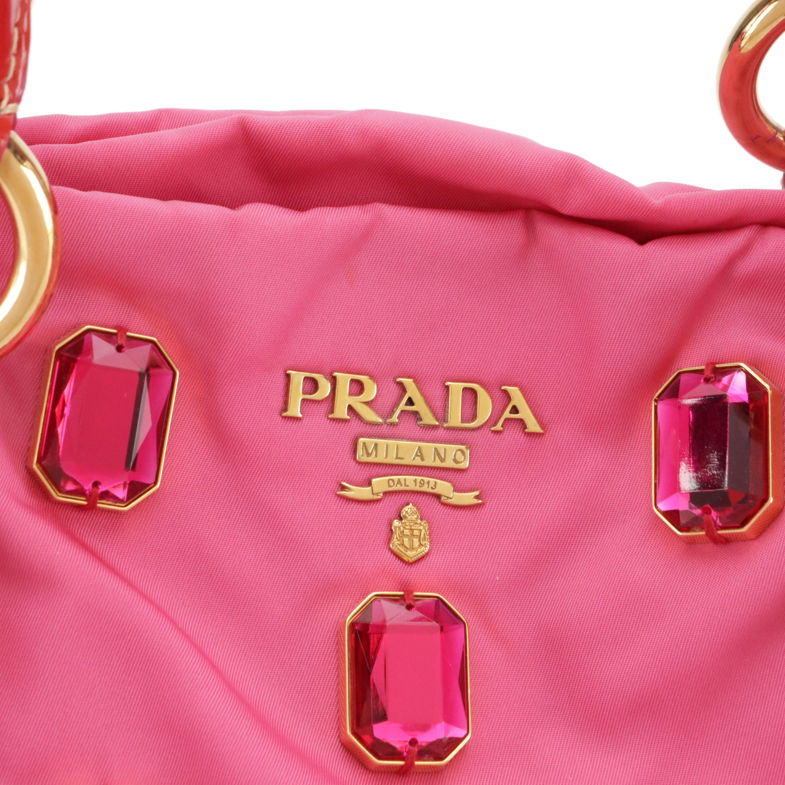 Prada Pietre Bag in Embellished Pink Tessuto Nylon and Red Patent Leather Trim