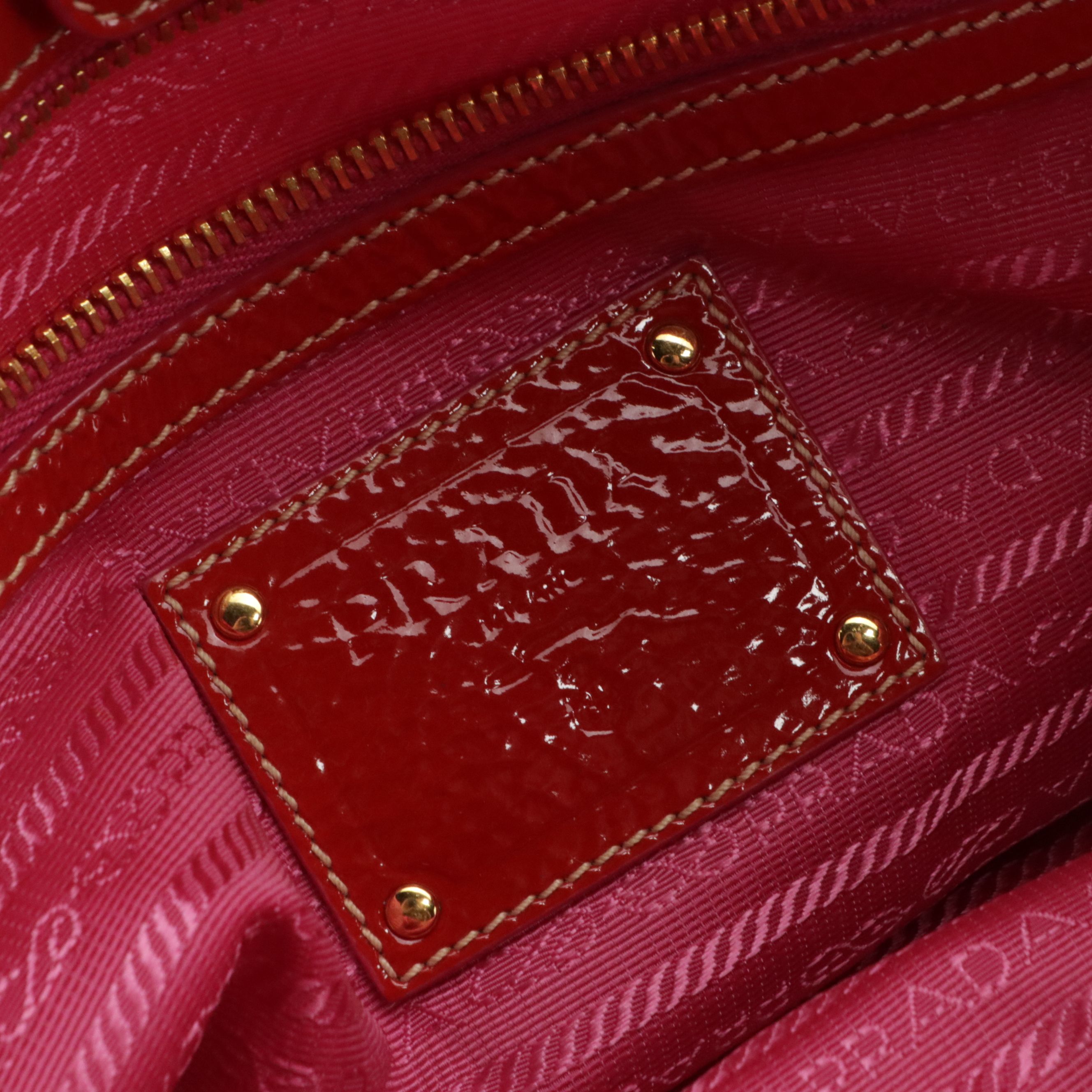 Prada Pietre Bag in Embellished Pink Tessuto Nylon and Red Patent Leather Trim