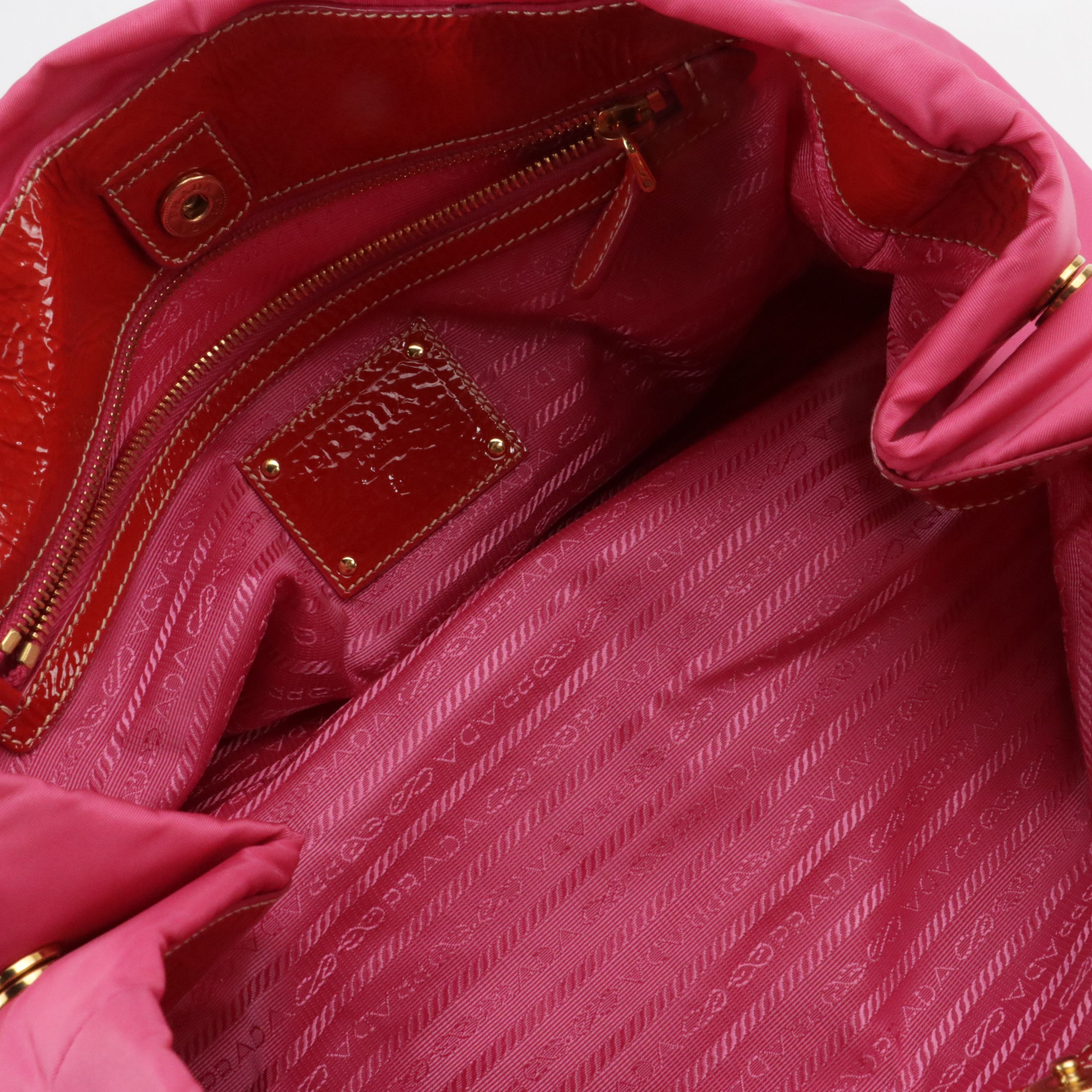 Prada Pietre Bag in Embellished Pink Tessuto Nylon and Red Patent Leather Trim