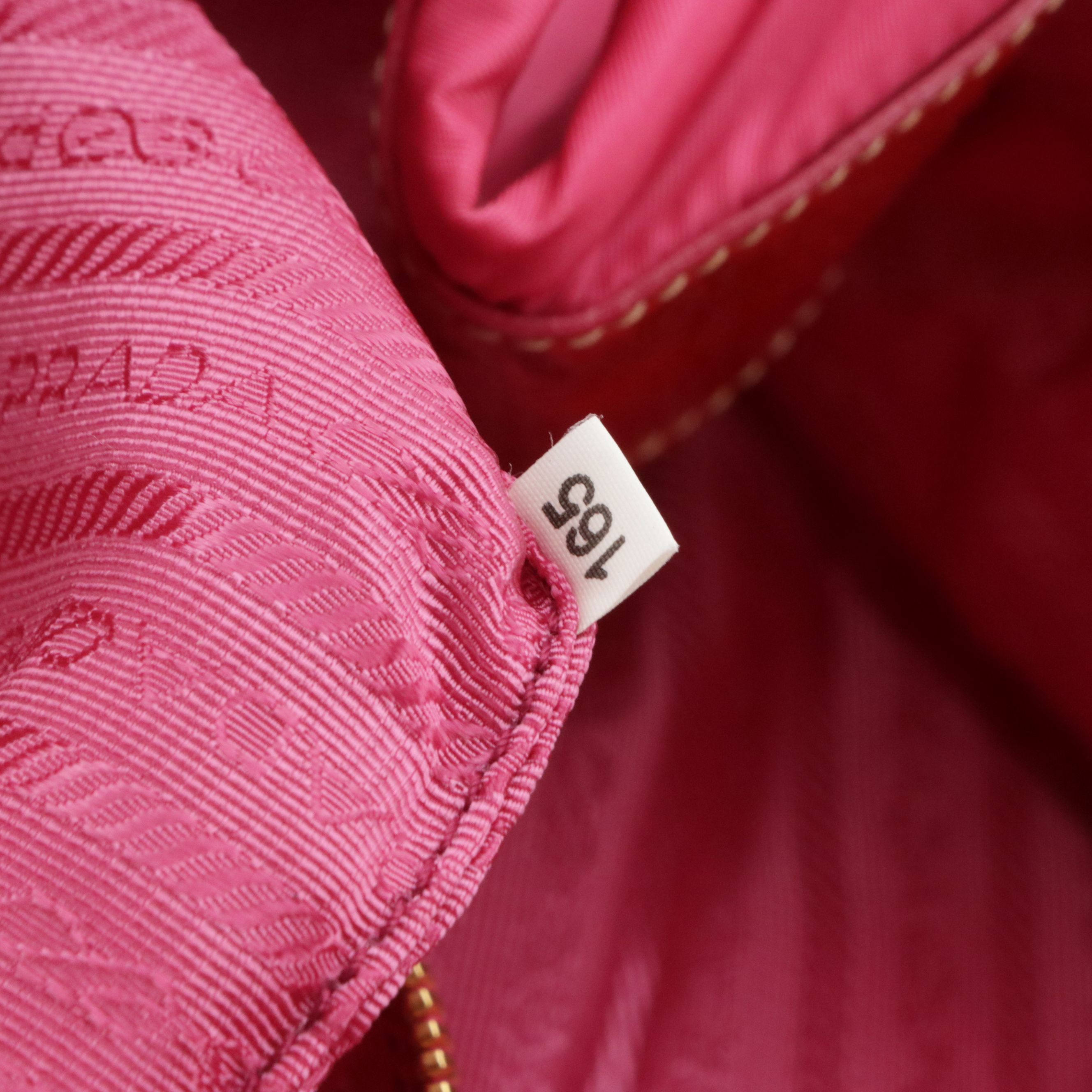 Prada Pietre Bag in Embellished Pink Tessuto Nylon and Red Patent Leather Trim