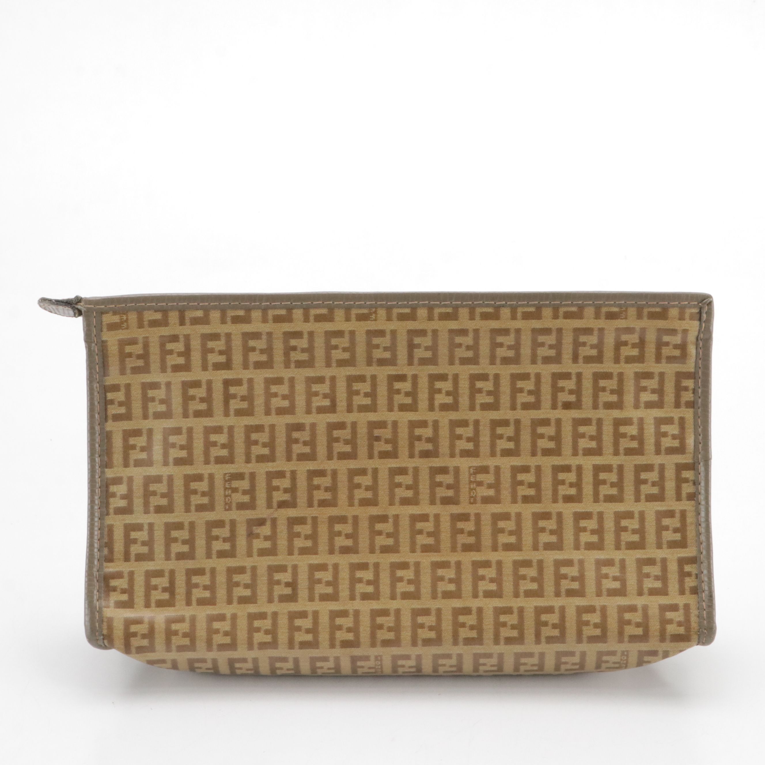 Fendi Brown Zucchino Vinyl and Leather Trim Zip Clutch/Pouch