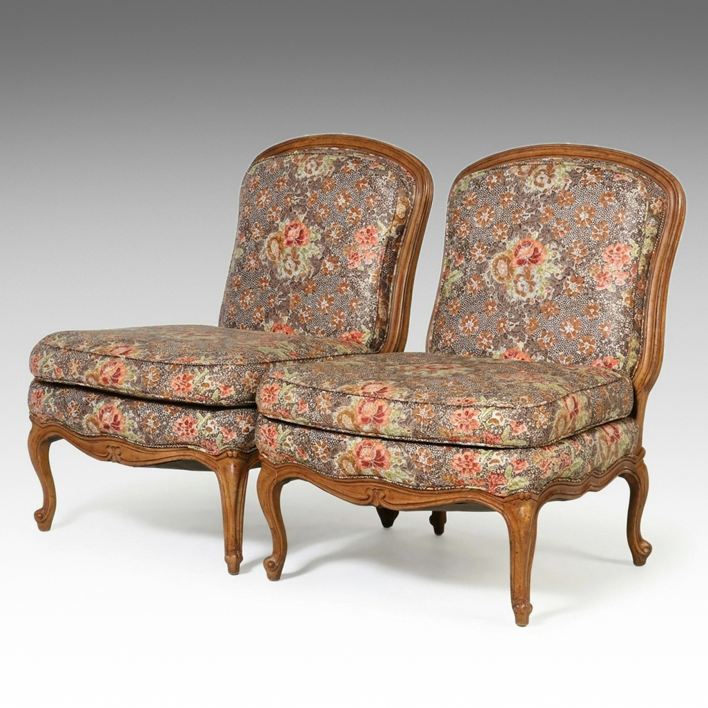 Pair of Louis XV Style Armless Slipper Chairs, Mid-20th Century