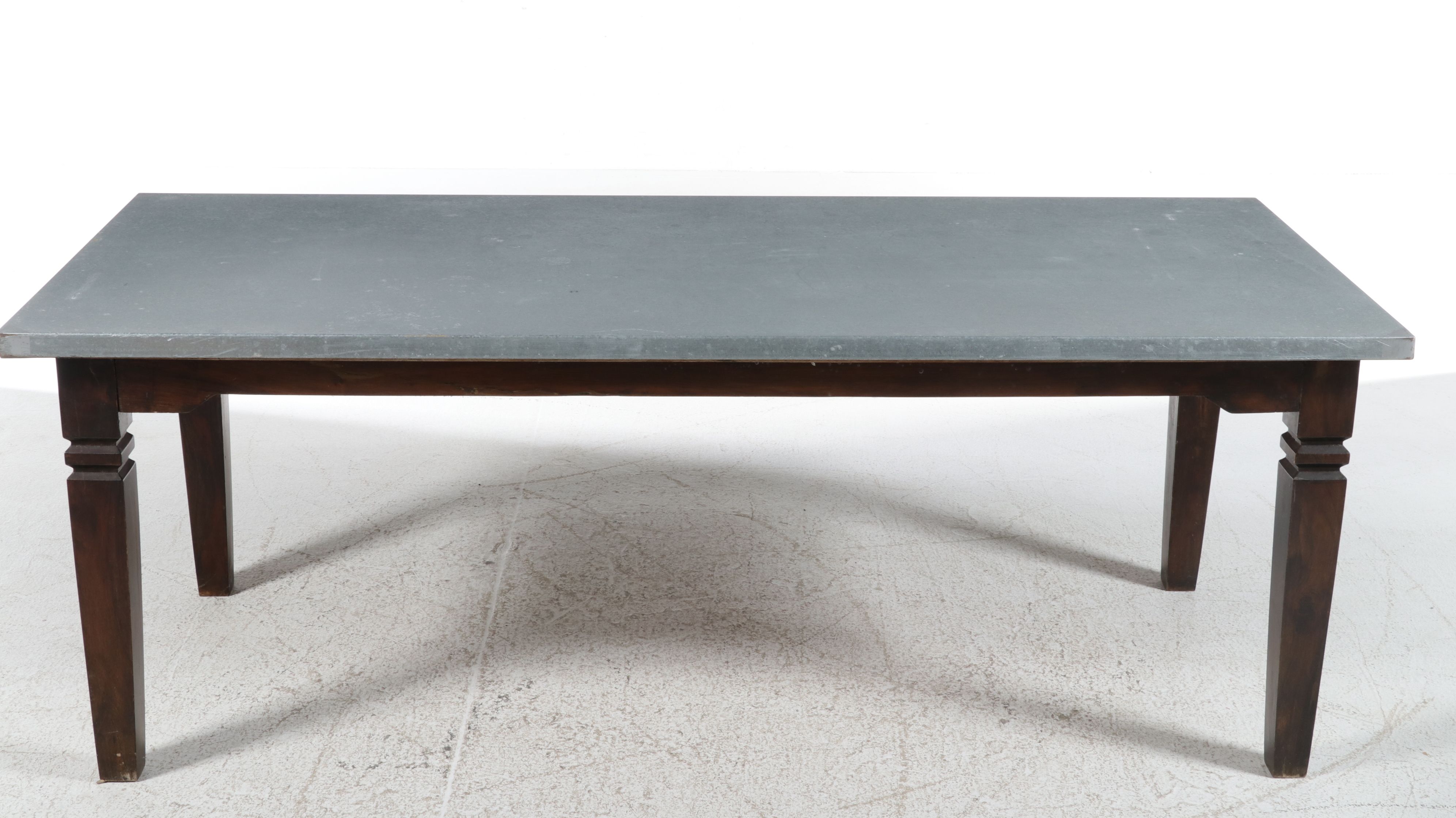Industrial Zinc-Top Dining Table with Carved Wood Base