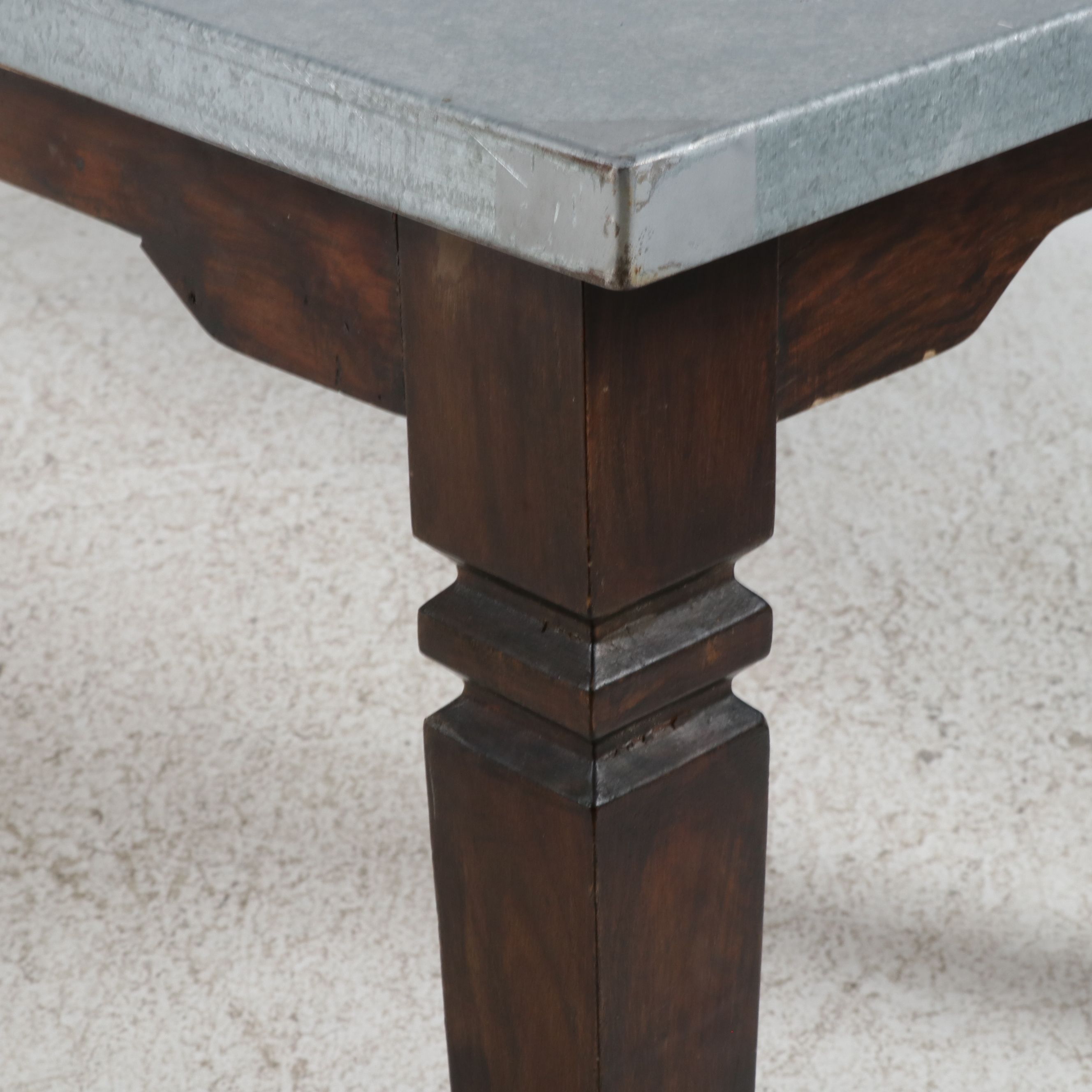 Industrial Zinc-Top Dining Table with Carved Wood Base