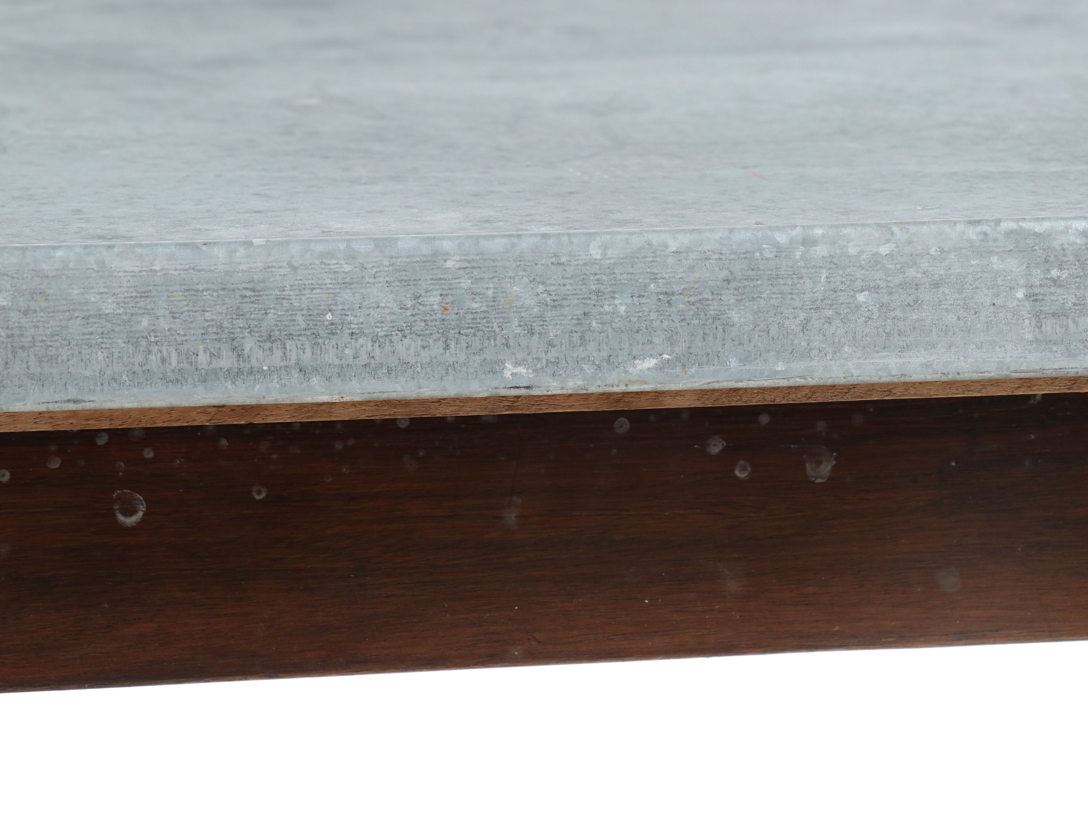 Industrial Zinc-Top Dining Table with Carved Wood Base