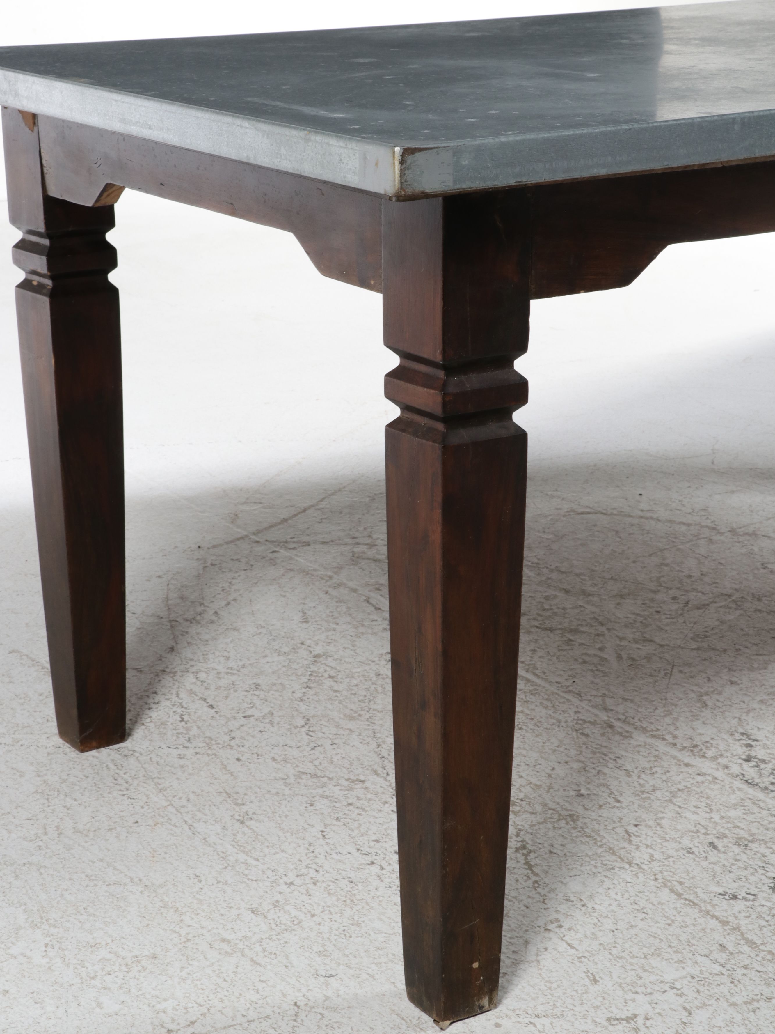 Industrial Zinc-Top Dining Table with Carved Wood Base