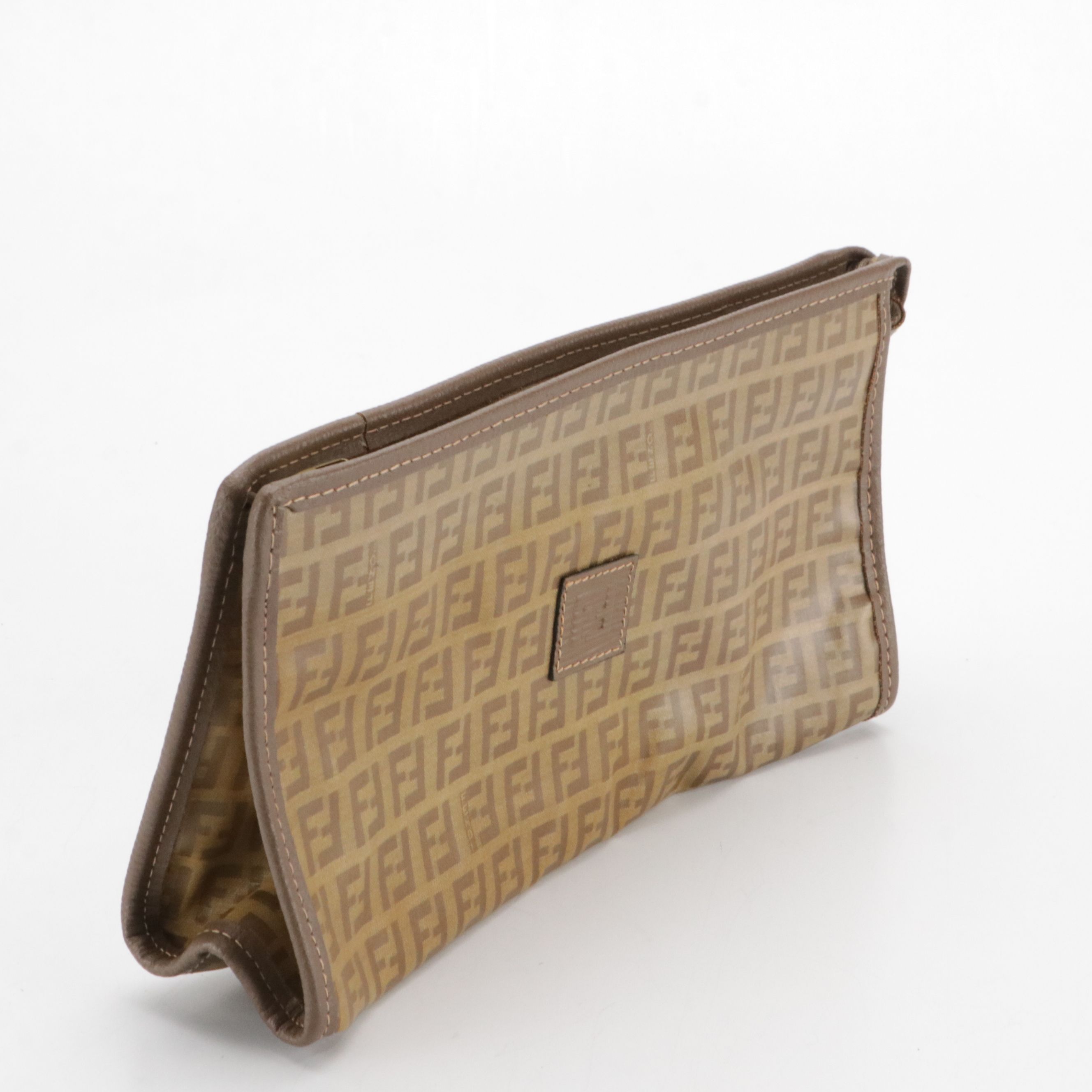 Fendi Brown Zucchino Vinyl and Leather Trim Zip Clutch/Pouch