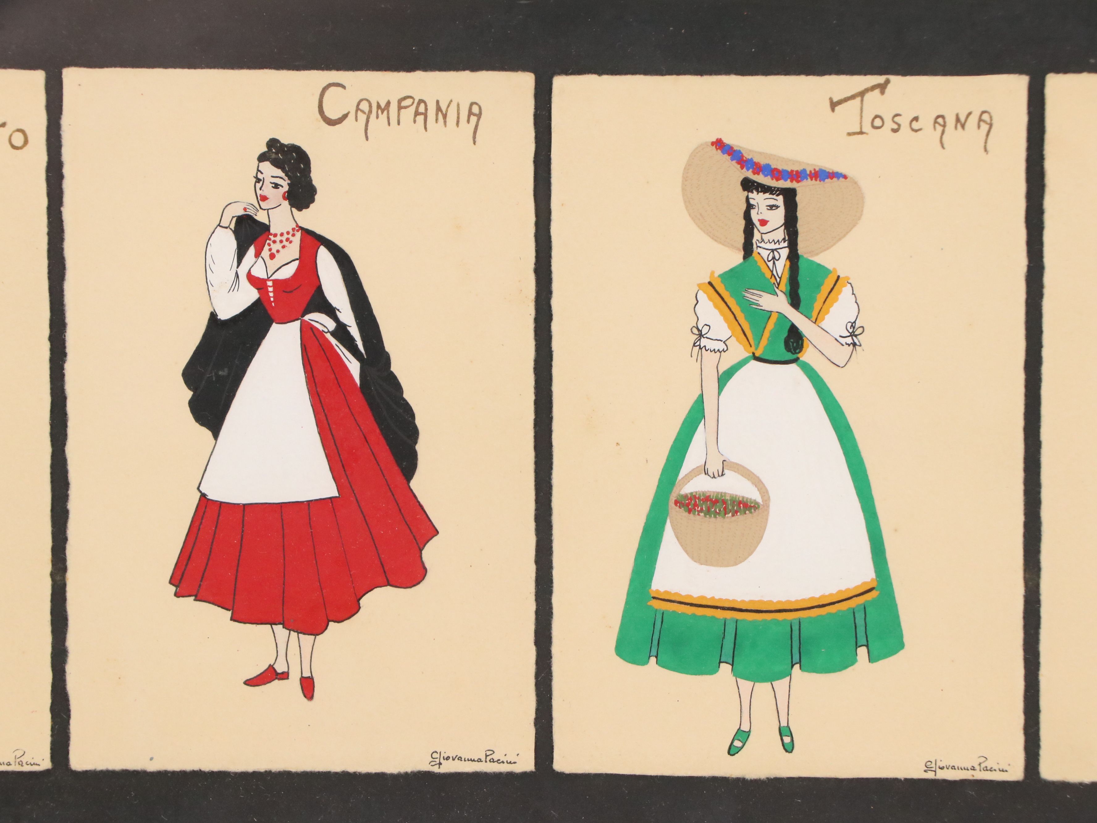 Giovanna Pacini Gouache Paintings of Italian Regional Clothing, Mid-Late 20th C.