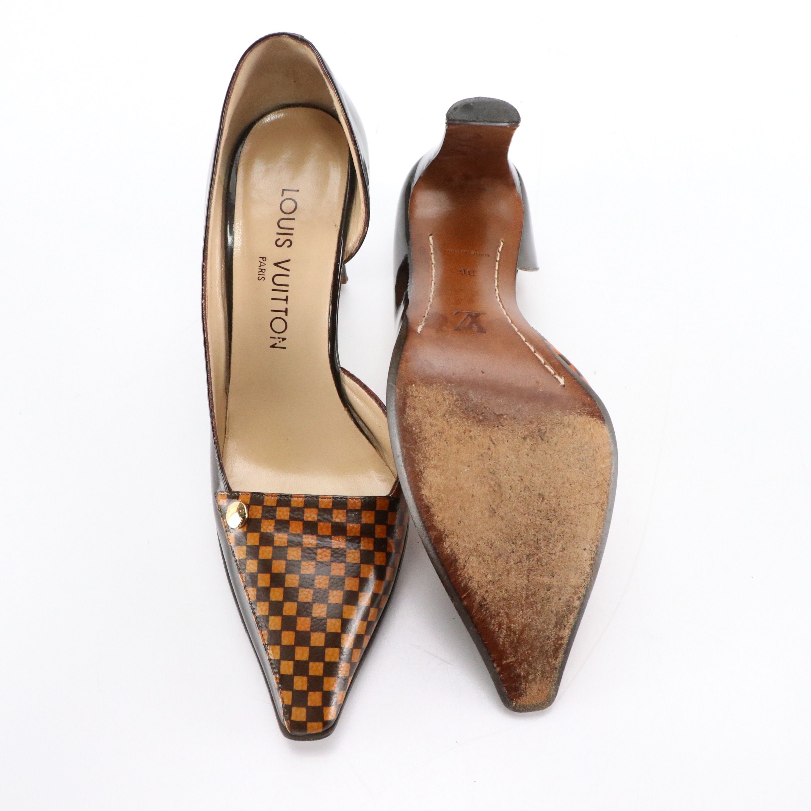 Louis Vuitton Patent Leather Damier Ebene Chérie Pumps