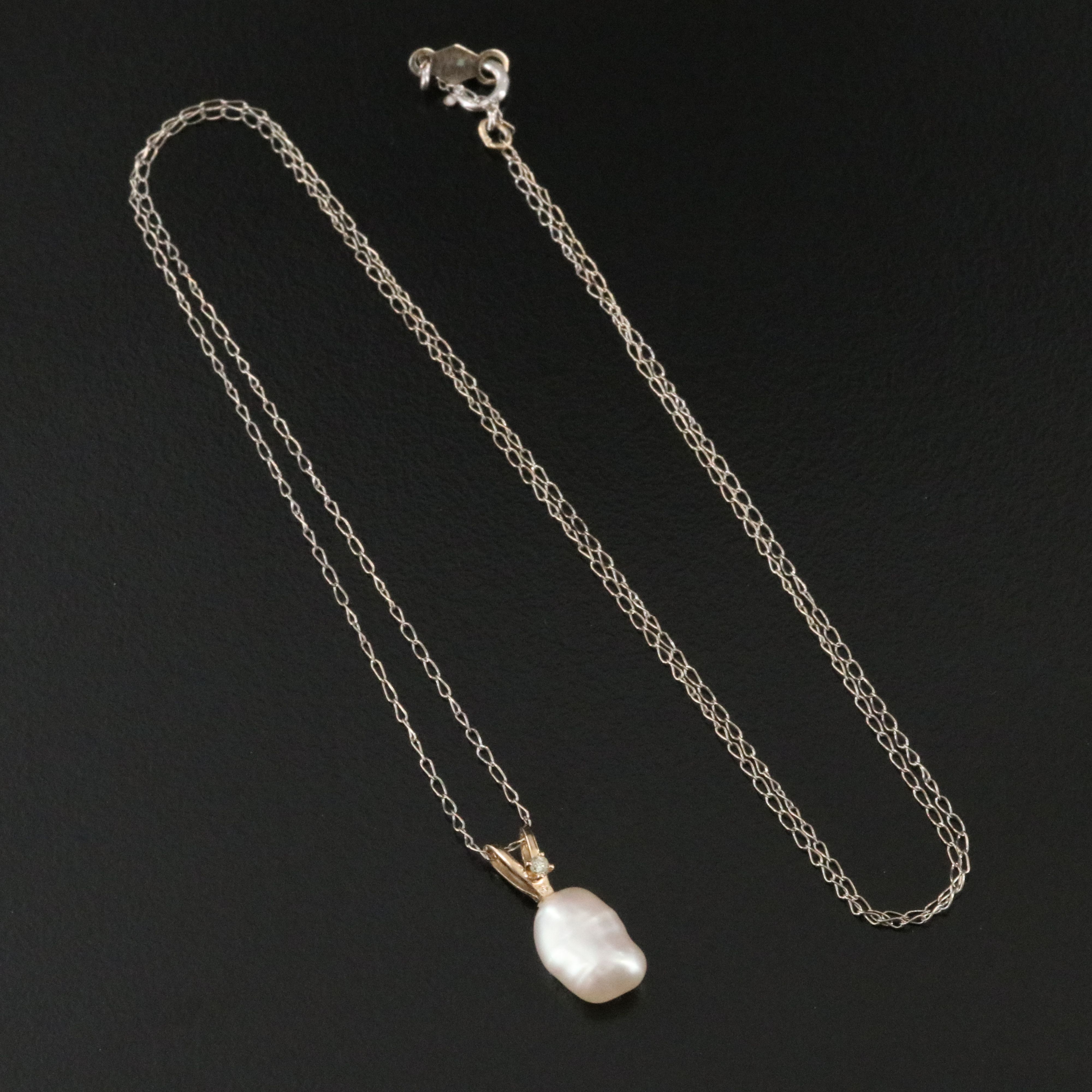 14K Baroque Pearl and Diamond Pendant Necklace