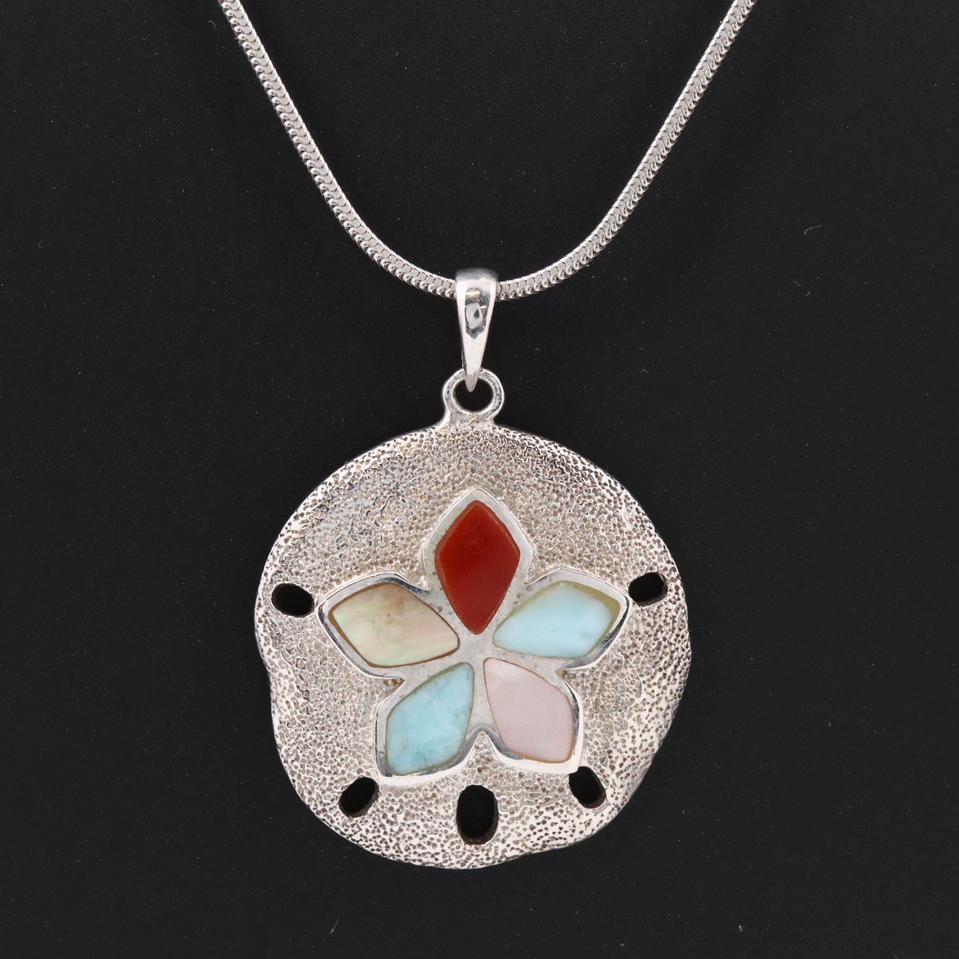 Sterling Mother of Pearl, Larimar, Carnelian Inlay Sand Dollar Pendant Necklace