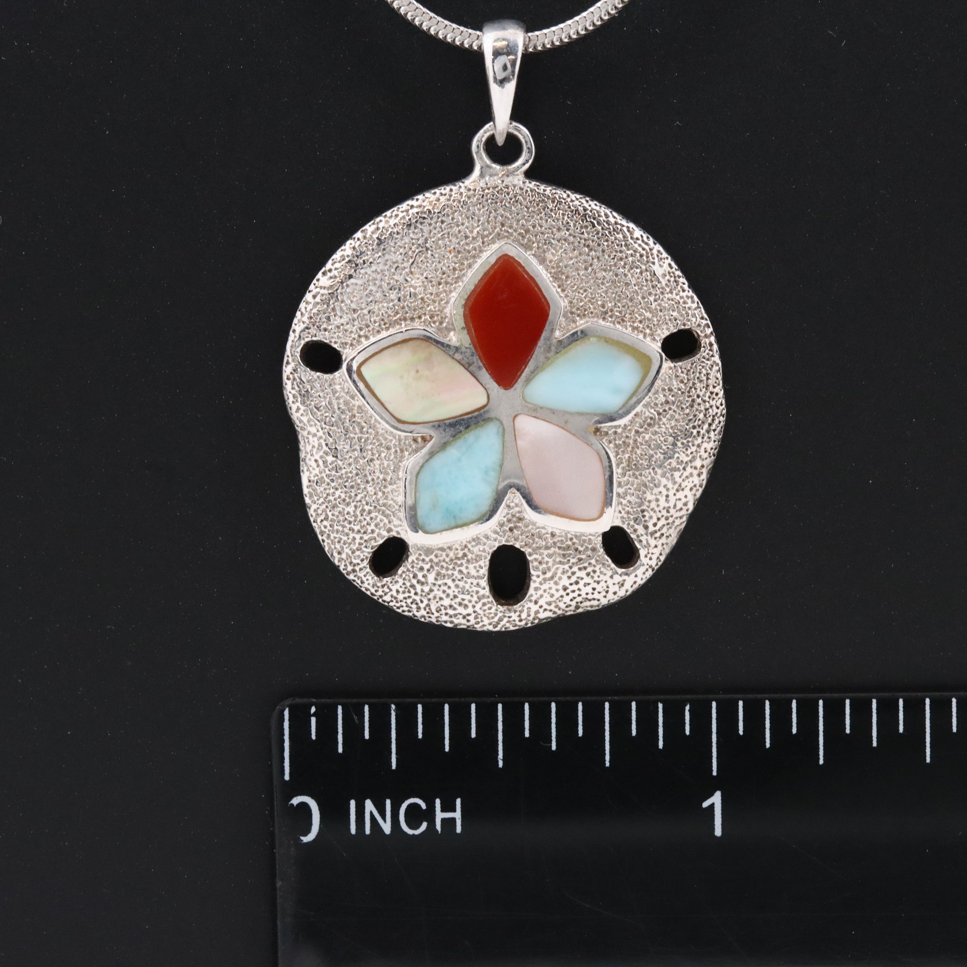 Sterling Mother of Pearl, Larimar, Carnelian Inlay Sand Dollar Pendant Necklace