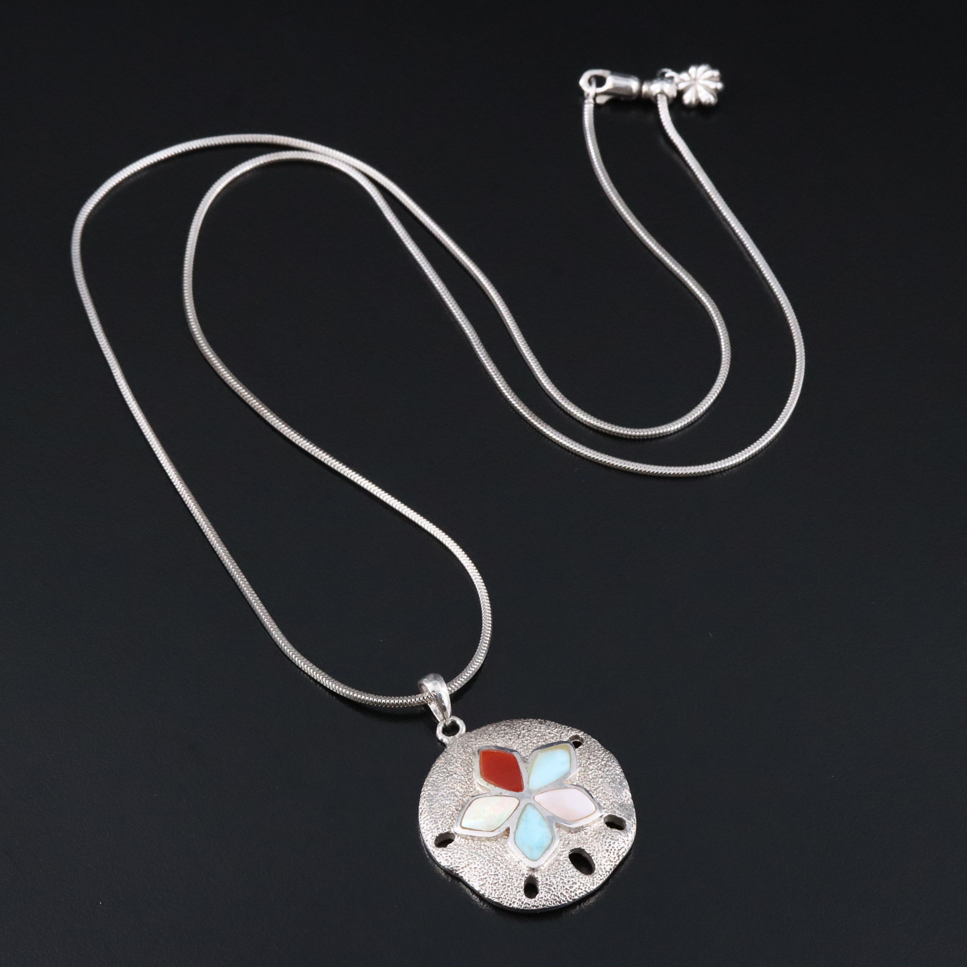 Sterling Mother of Pearl, Larimar, Carnelian Inlay Sand Dollar Pendant Necklace