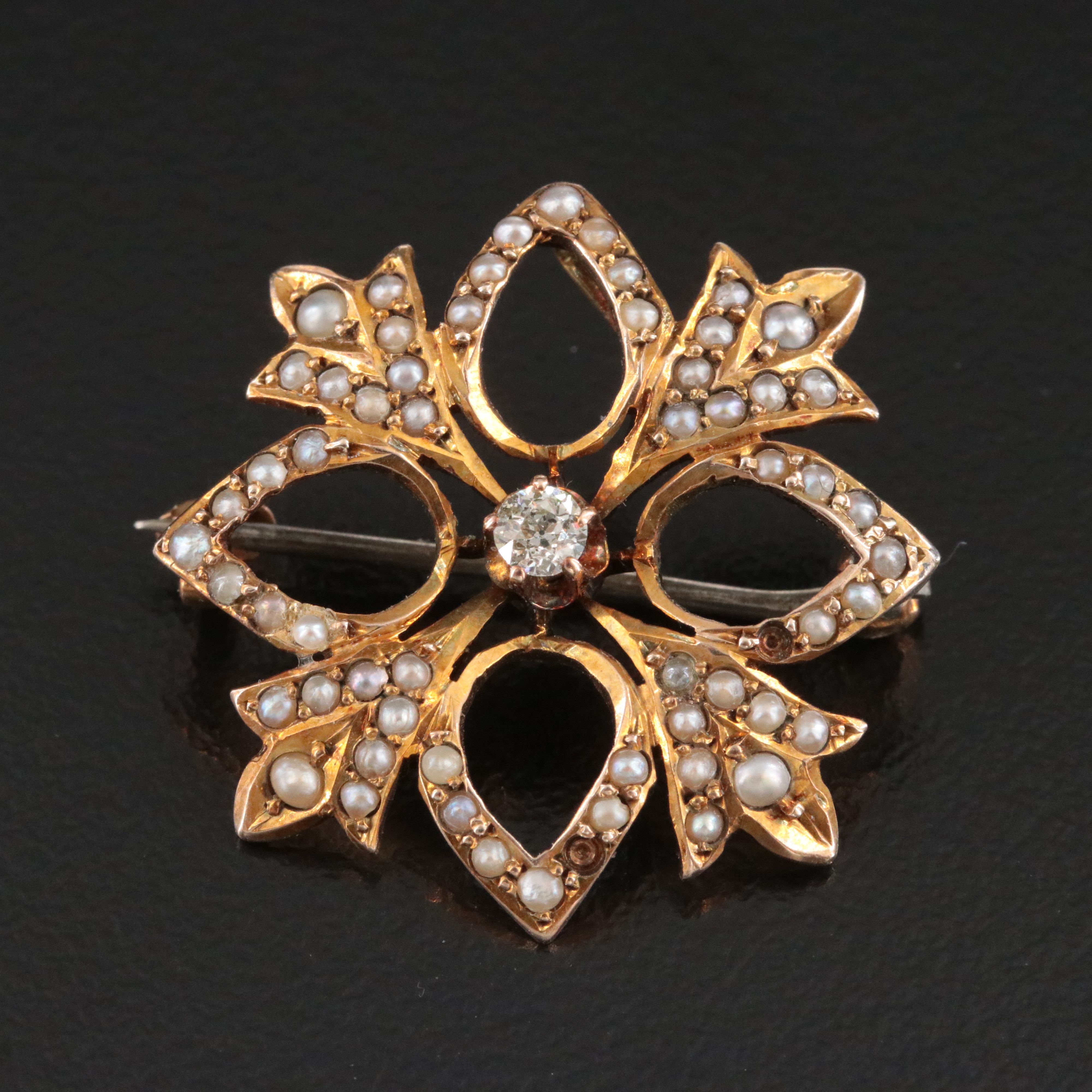 Victorian 10K 0.08 CT Diamond and Seed Pearl Floral Watch Pin