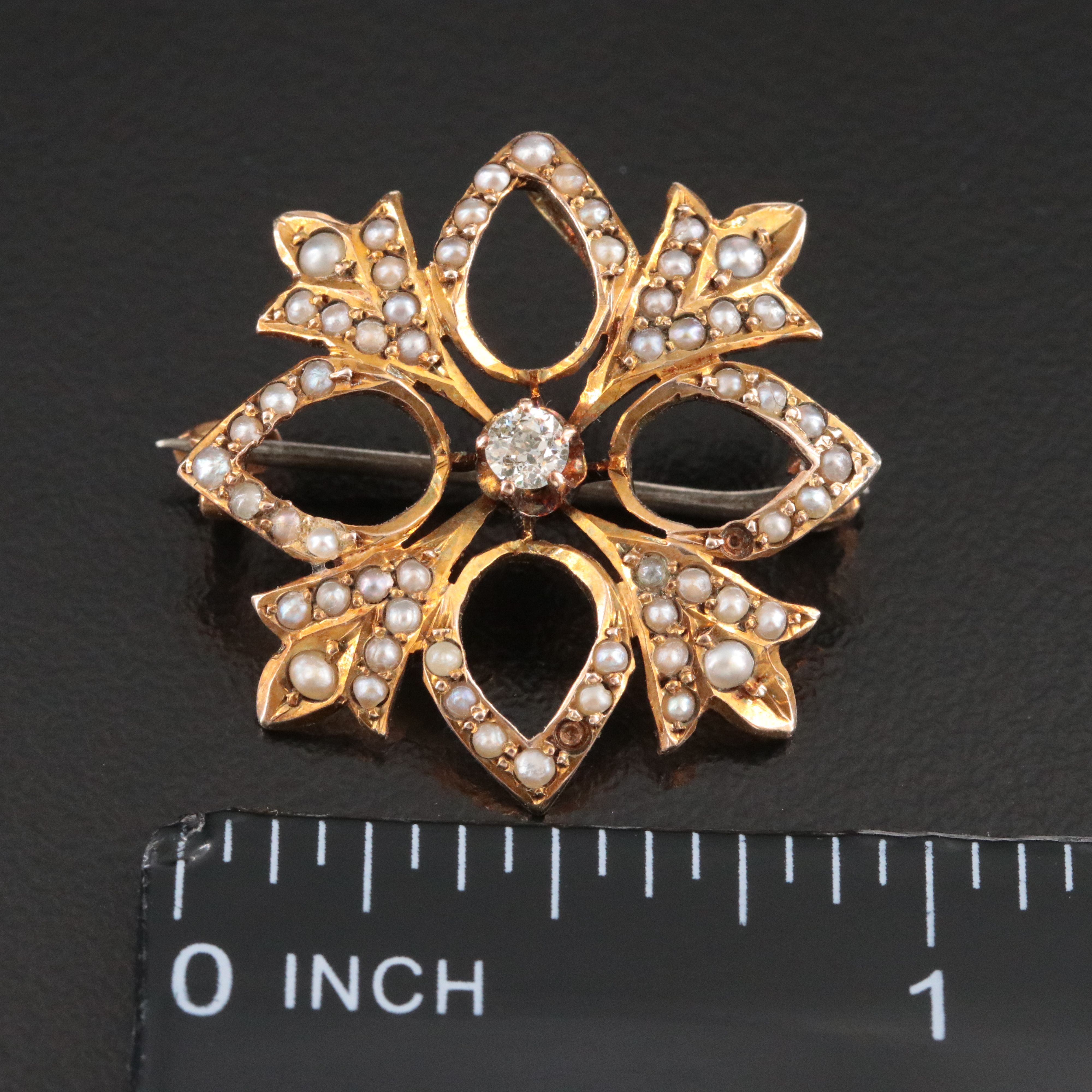 Victorian 10K 0.08 CT Diamond and Seed Pearl Floral Watch Pin
