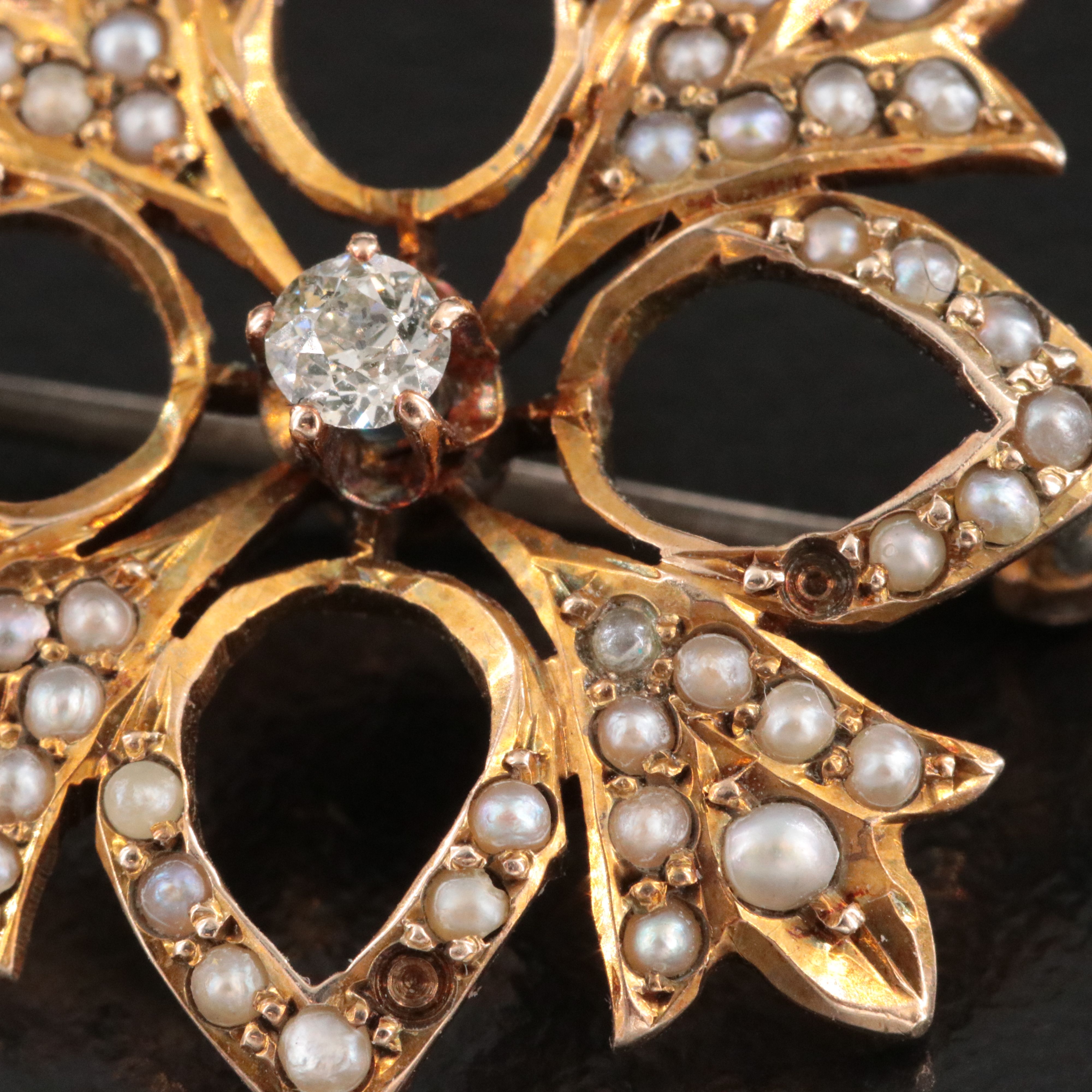 Victorian 10K 0.08 CT Diamond and Seed Pearl Floral Watch Pin