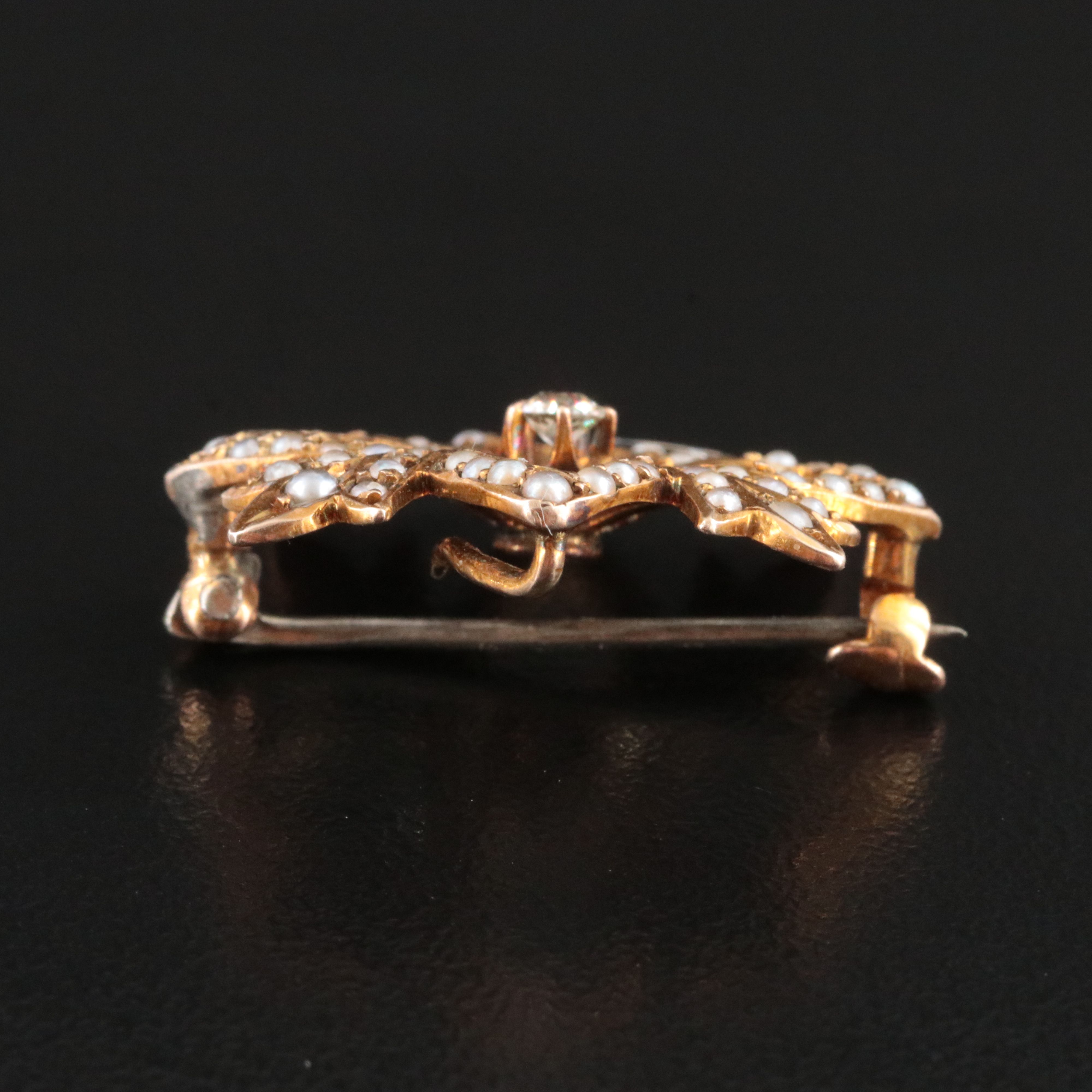 Victorian 10K 0.08 CT Diamond and Seed Pearl Floral Watch Pin