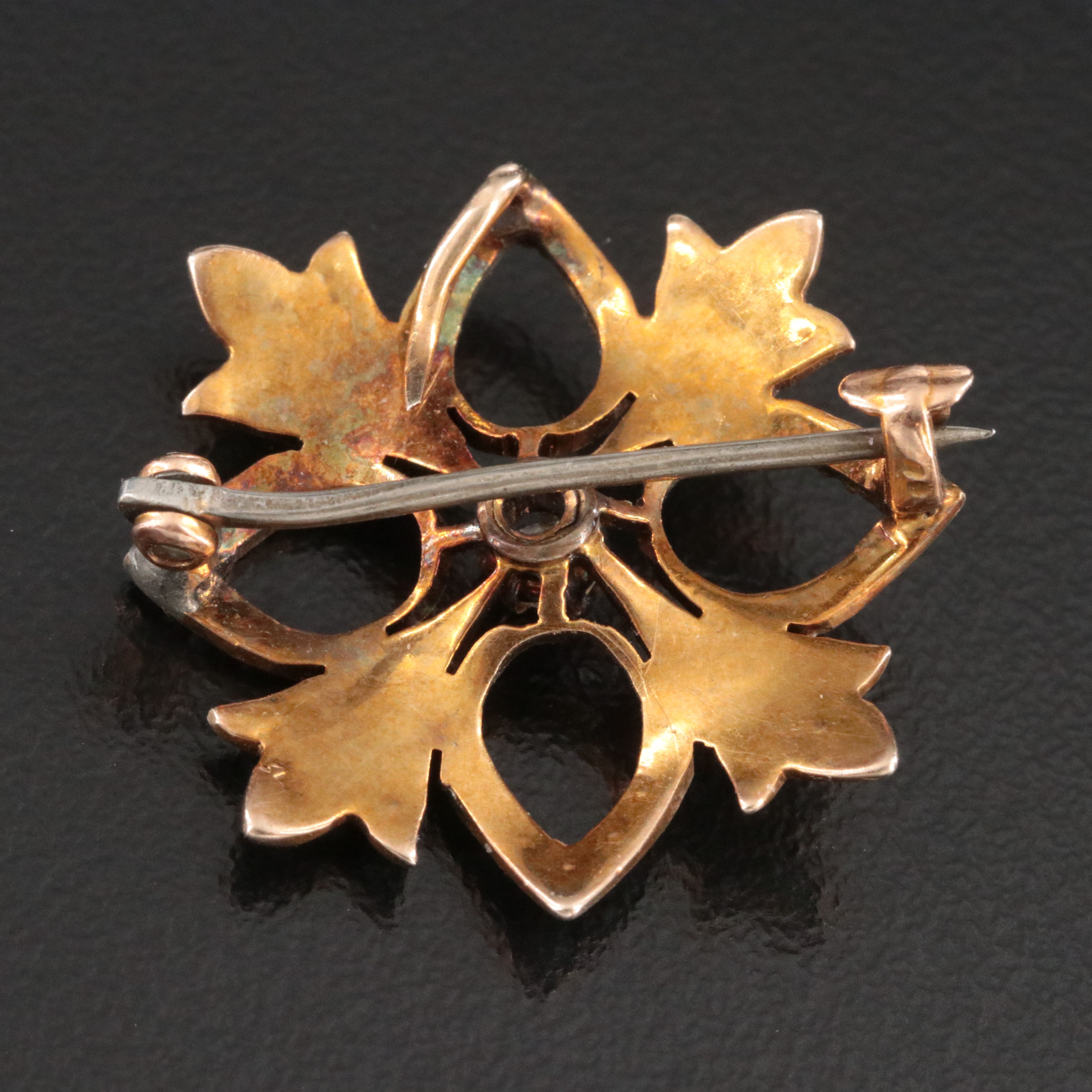 Victorian 10K 0.08 CT Diamond and Seed Pearl Floral Watch Pin