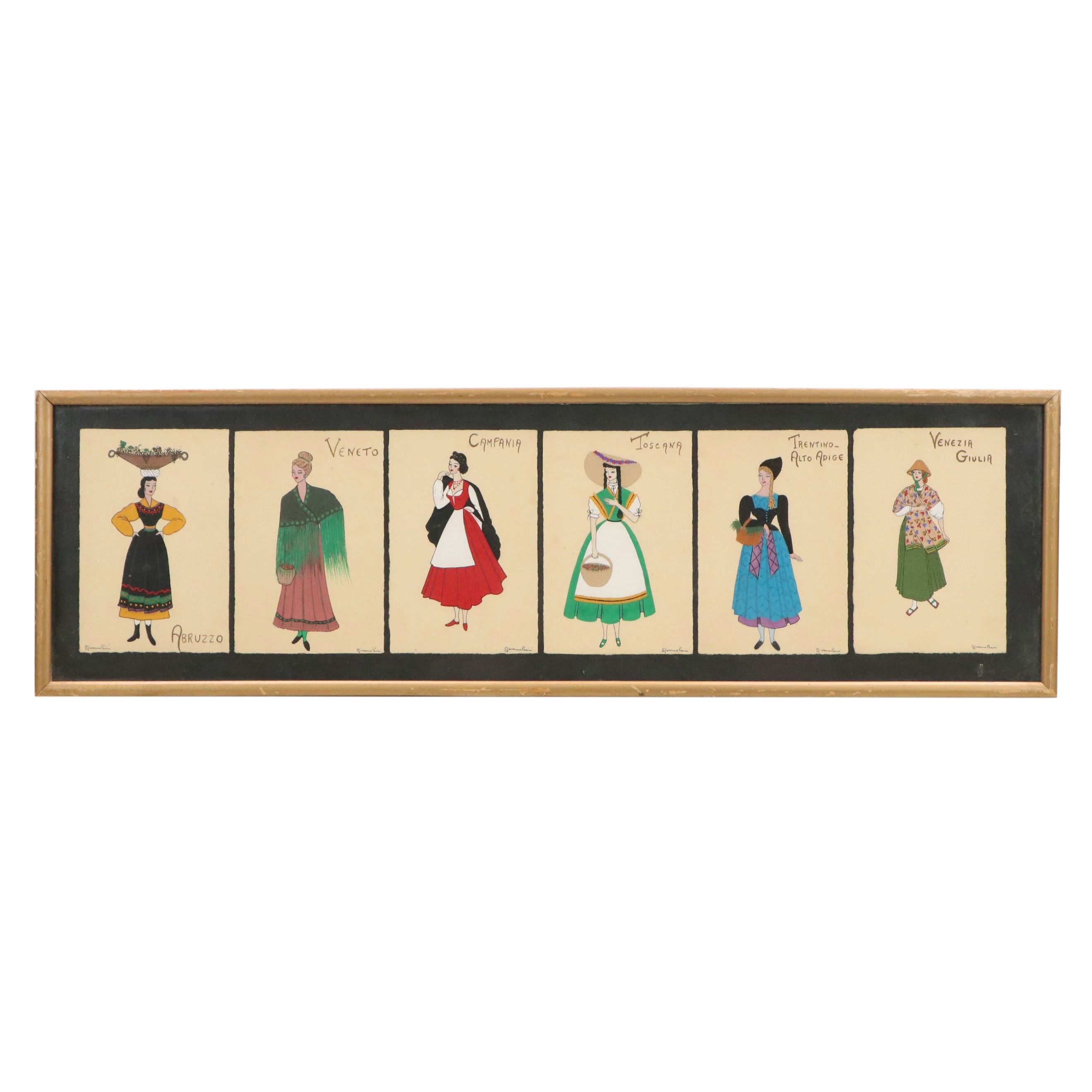 Giovanna Pacini Gouache Paintings of Italian Regional Clothing, Mid-Late 20th C.