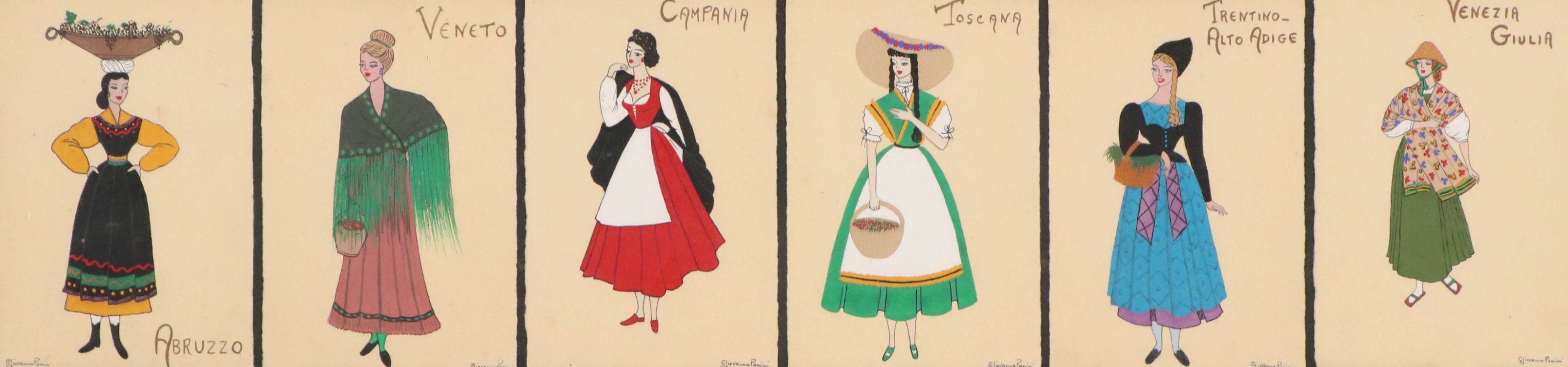 Giovanna Pacini Gouache Paintings of Italian Regional Clothing, Mid-Late 20th C.