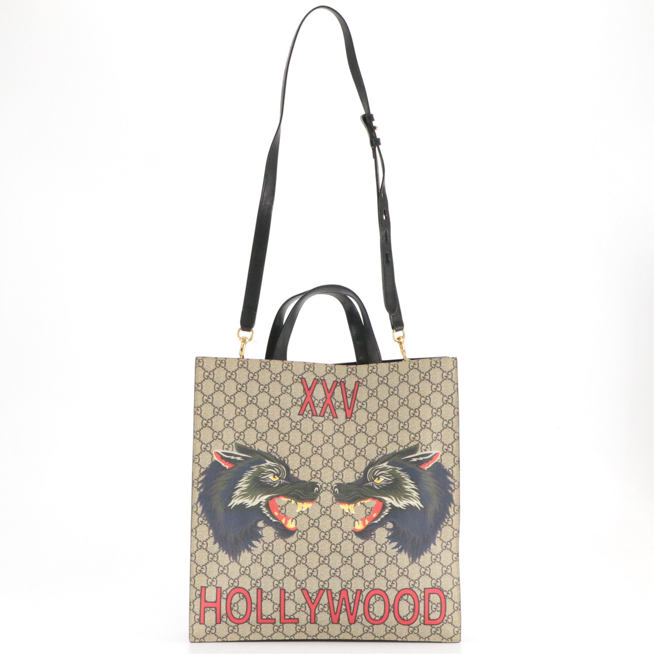 Gucci Wolf XXV Hollywood GG Supreme Canvas and Black Leather Two-Way Tote Bag