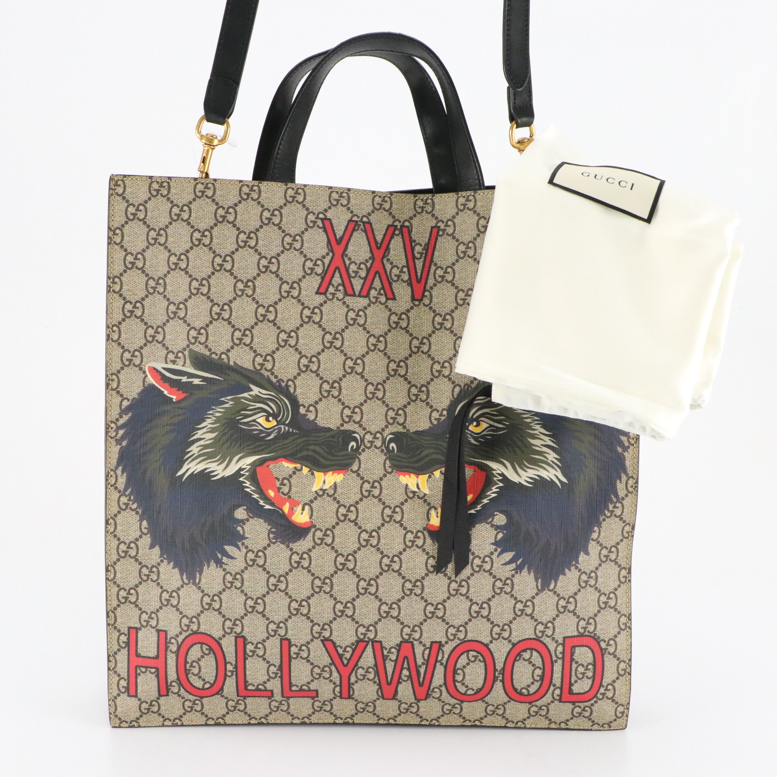 Gucci Wolf XXV Hollywood GG Supreme Canvas and Black Leather Two-Way Tote Bag