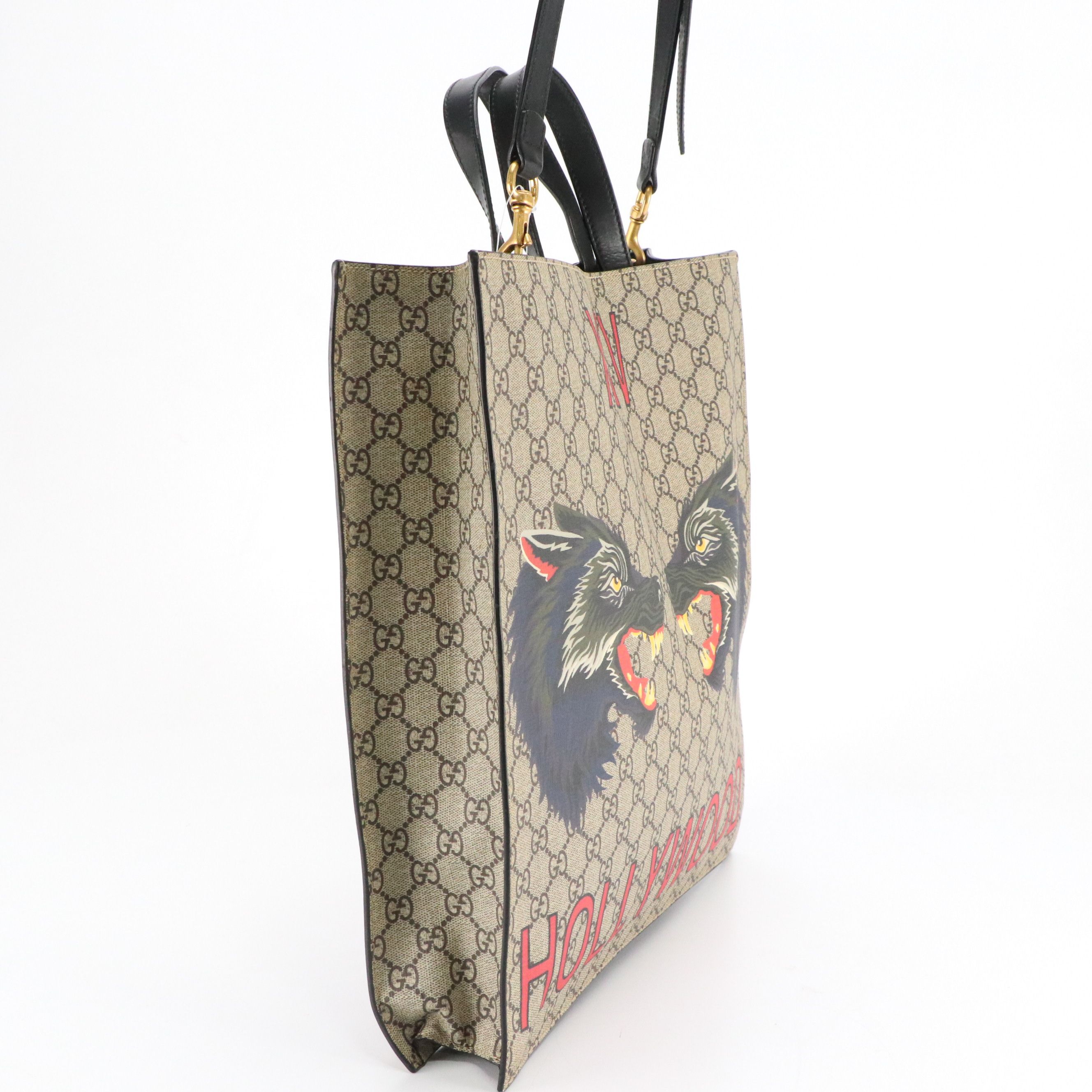 Gucci Wolf XXV Hollywood GG Supreme Canvas and Black Leather Two-Way Tote Bag