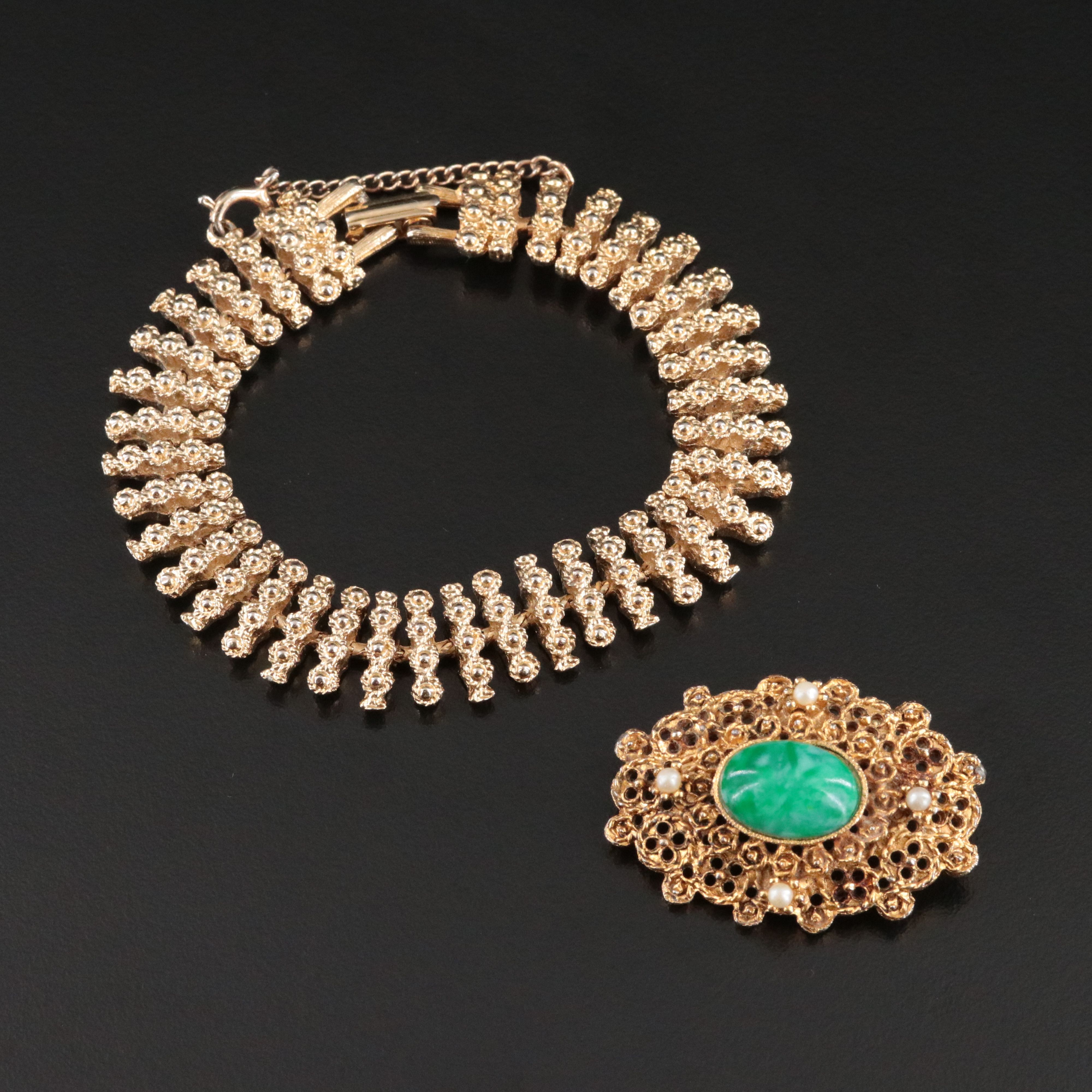 Granulated Texture Bracelet and Glass and Seed Pearl Brooch