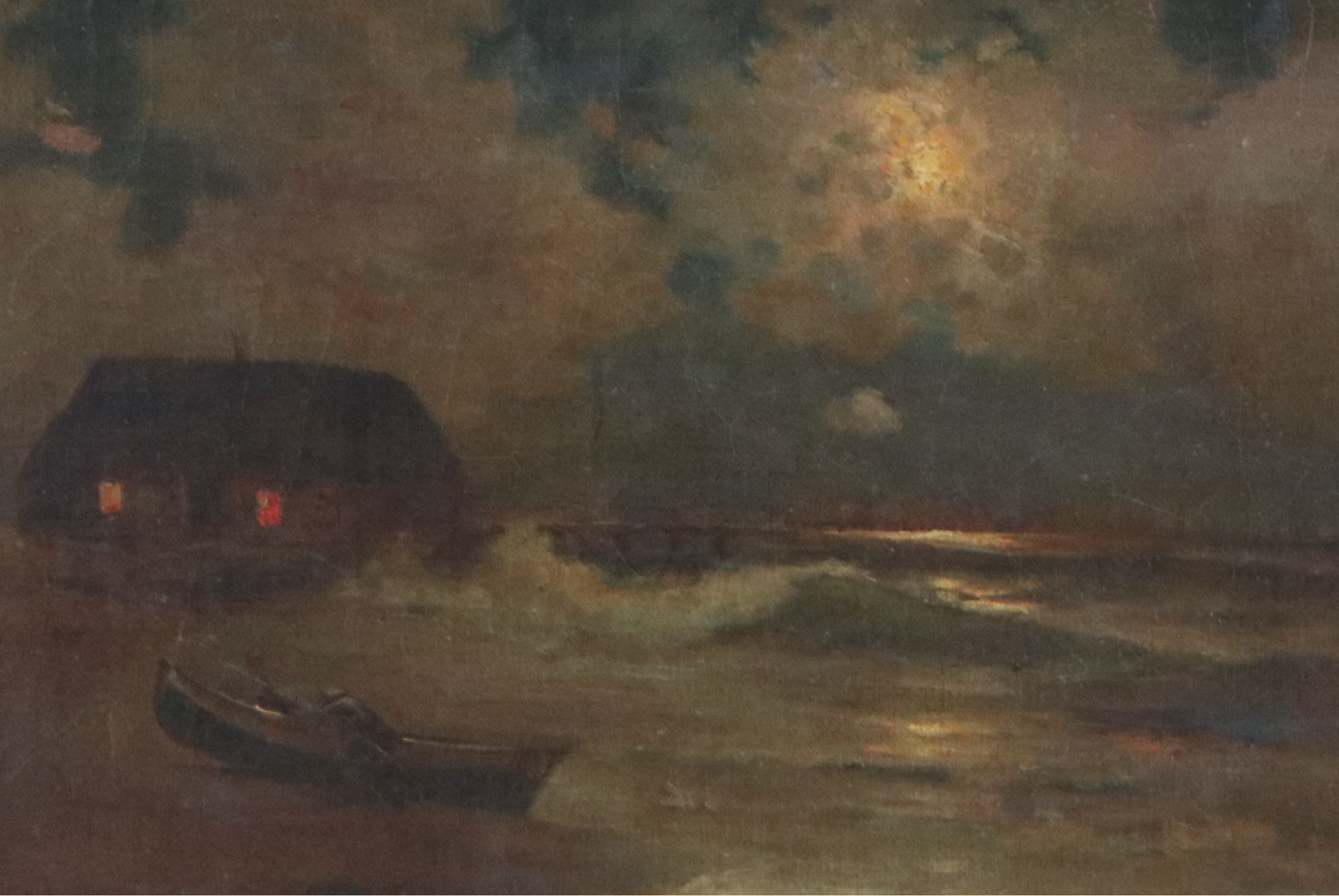 Continental School Nocturne Oil Painting of Coastal Landscape, 19th Century