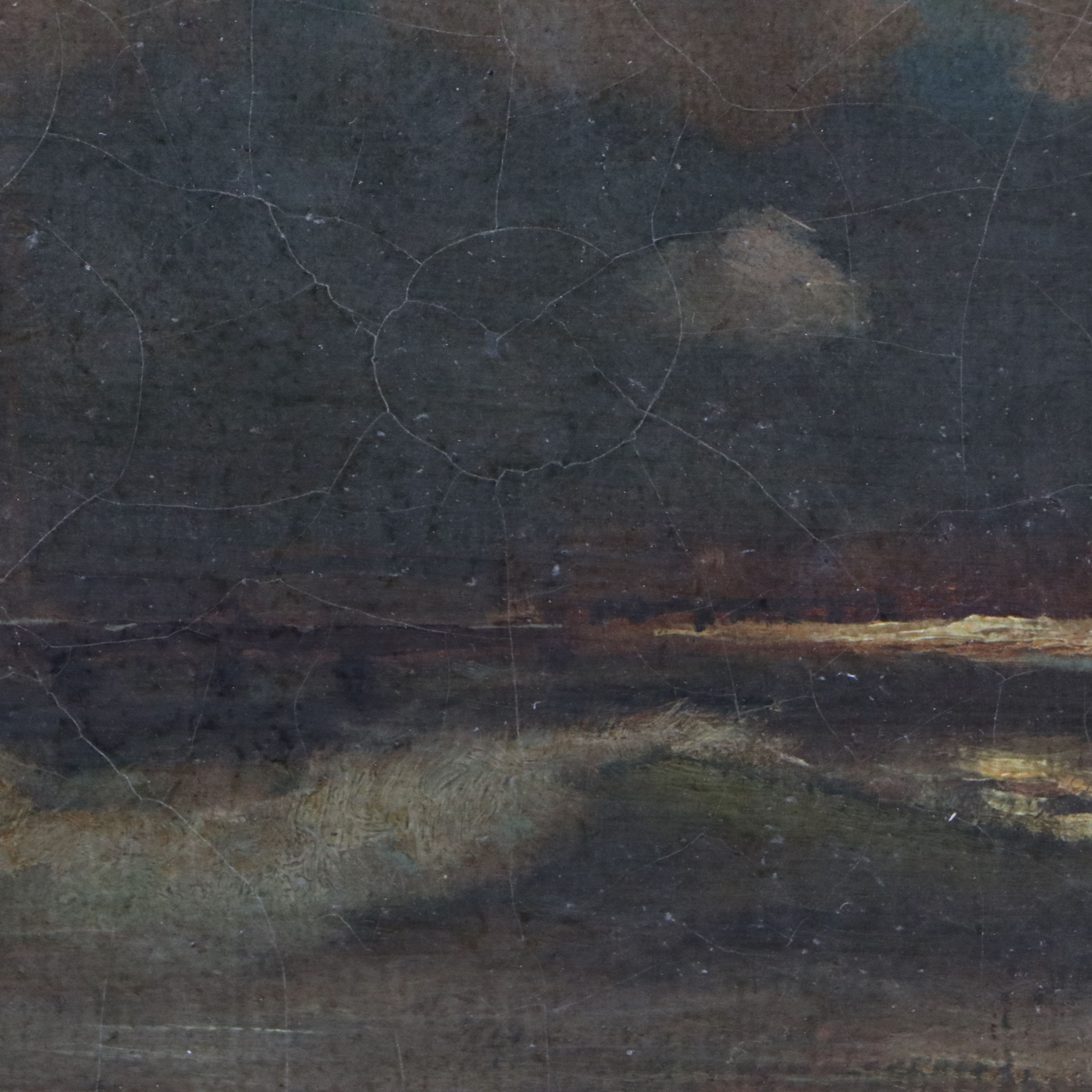Continental School Nocturne Oil Painting of Coastal Landscape, 19th Century